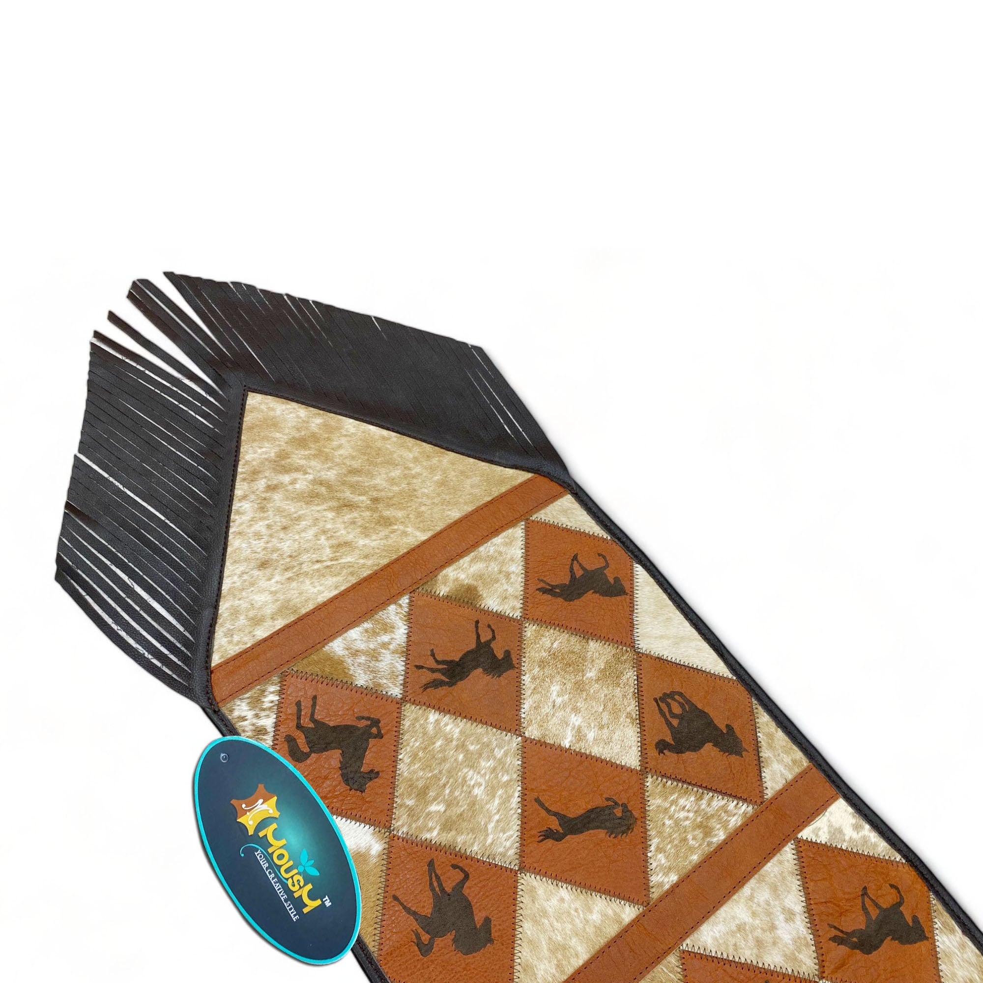 MOUSM Real Cowhide Leather Table Runner – 72x12 Inches, Genuine Cowhide with Laser-Cut Horse Logo Under Orange Diamond Patches & Black Leather Fringe