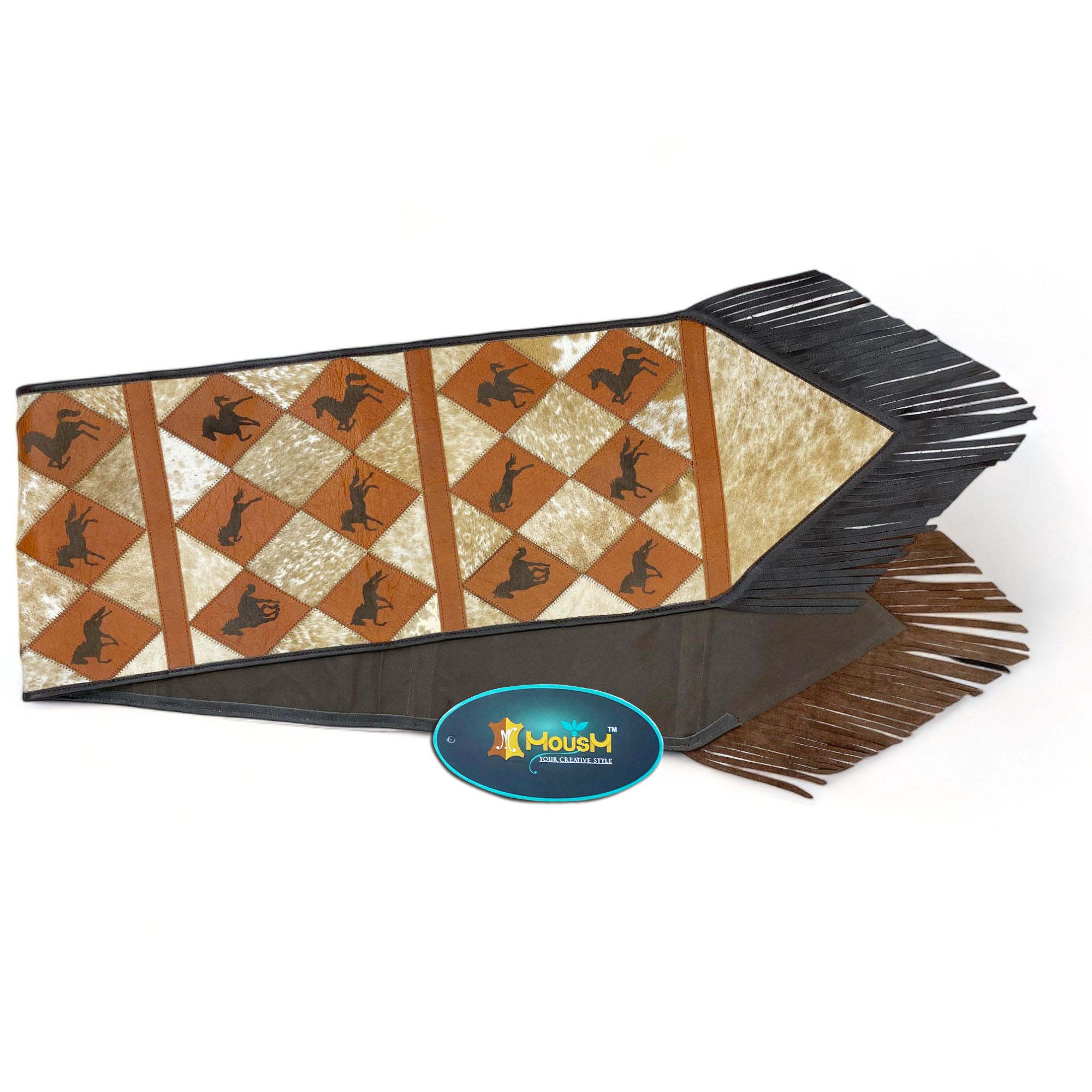 MOUSM Real Cowhide Leather Table Runner – 72x12 Inches, Genuine Cowhide with Laser-Cut Horse Logo Under Orange Diamond Patches & Black Leather Fringe