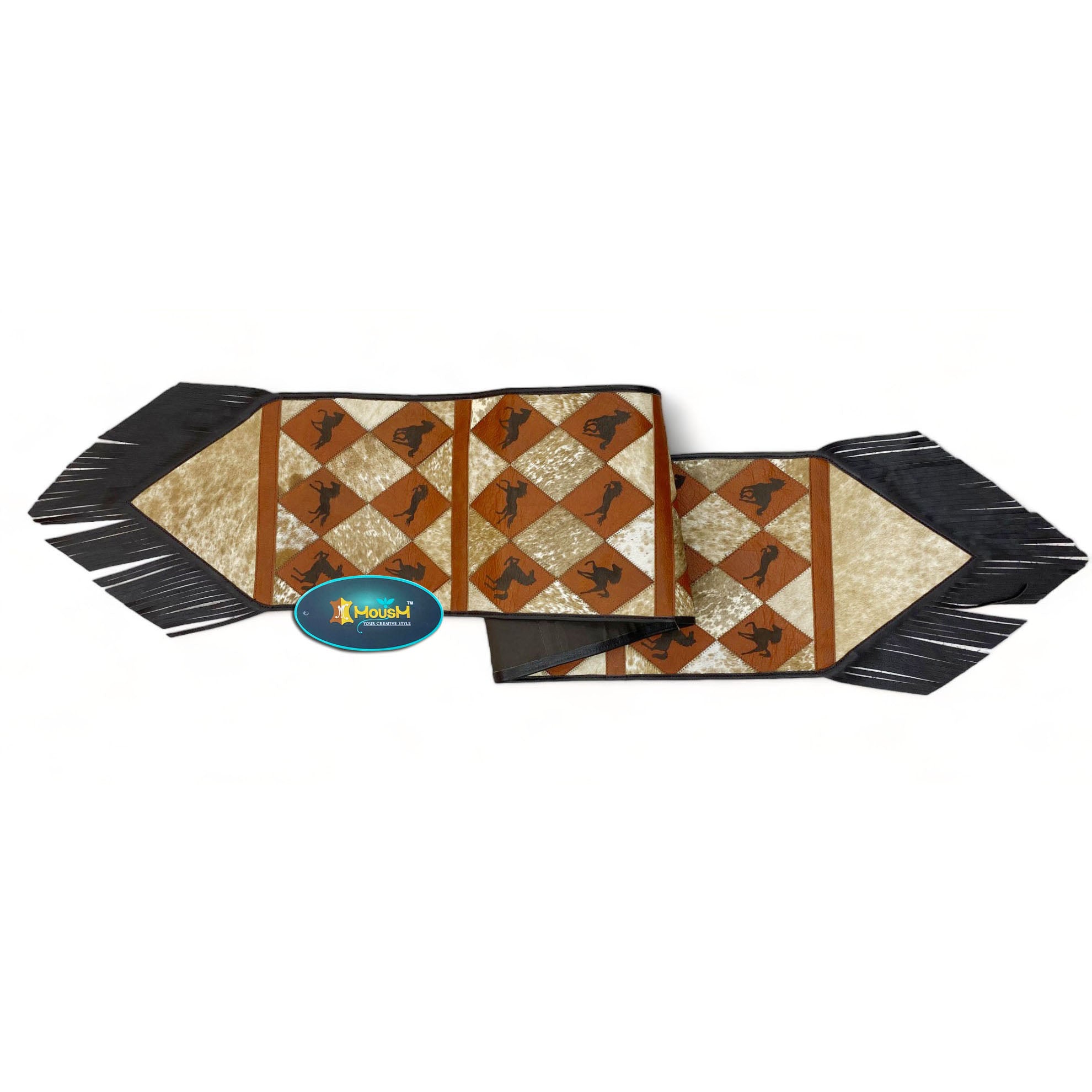 MOUSM Real Cowhide Leather Table Runner – 72x12 Inches, Genuine Cowhide with Laser-Cut Horse Logo Under Orange Diamond Patches & Black Leather Fringe