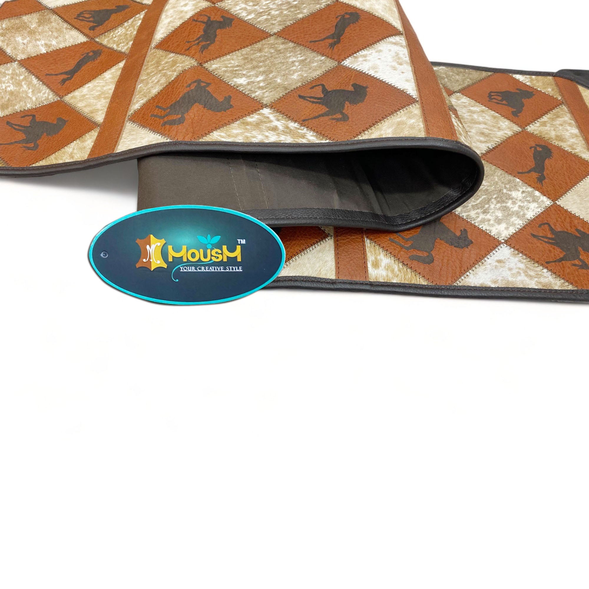 MOUSM Real Cowhide Leather Table Runner – 72x12 Inches, Genuine Cowhide with Laser-Cut Horse Logo Under Orange Diamond Patches & Black Leather Fringe