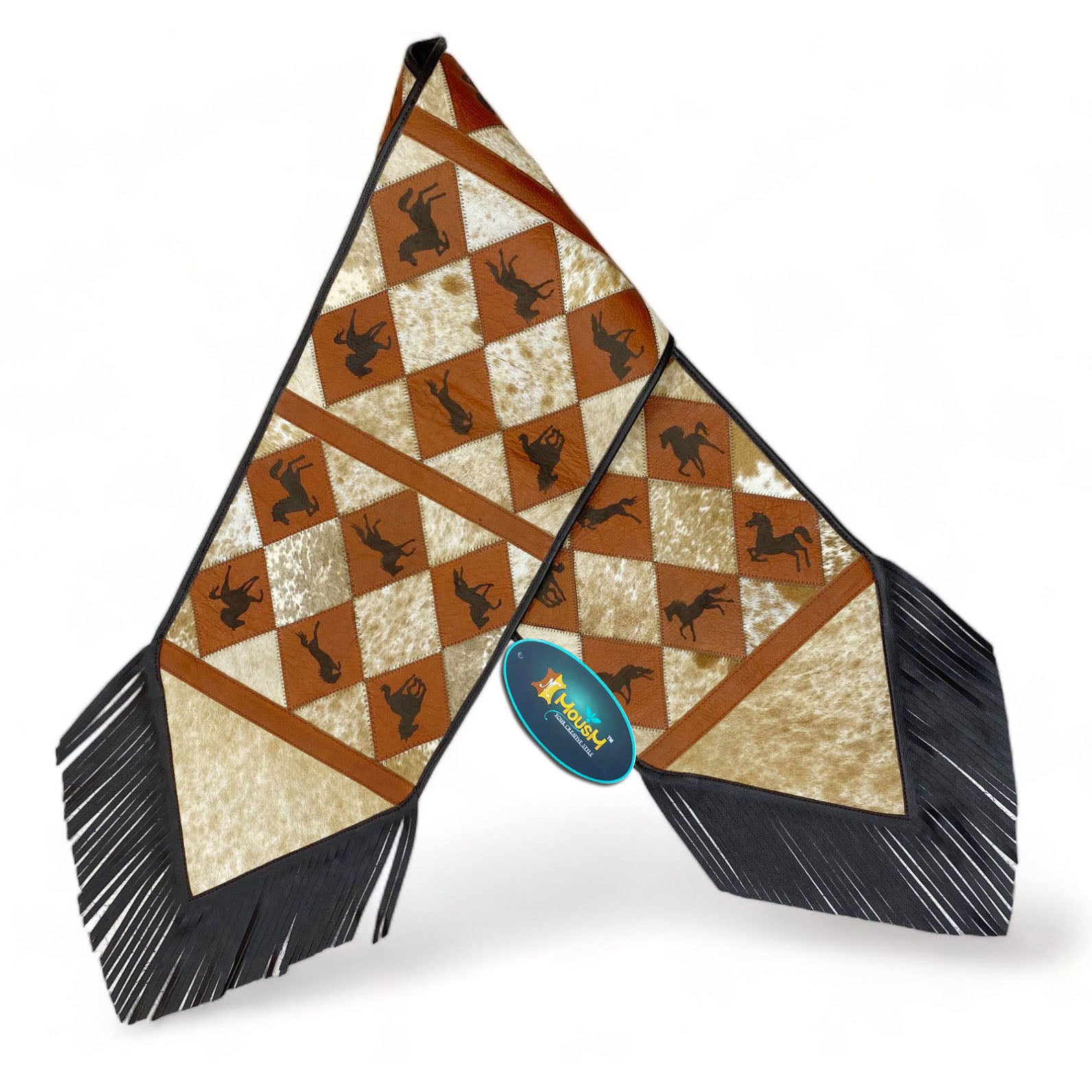 MOUSM Real Cowhide Leather Table Runner – 72x12 Inches, Genuine Cowhide with Laser-Cut Horse Logo Under Orange Diamond Patches & Black Leather Fringe