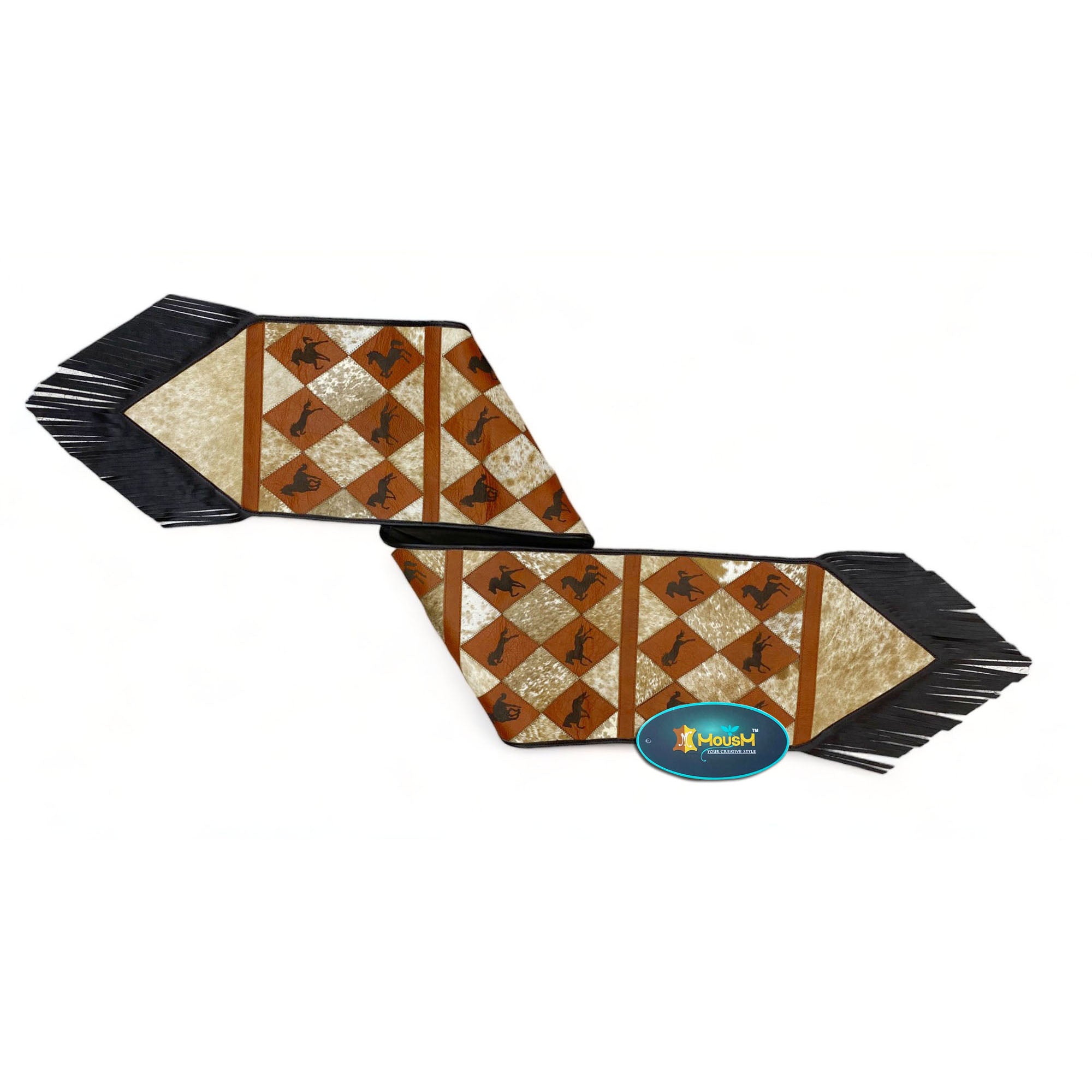 MOUSM Real Cowhide Leather Table Runner – 72x12 Inches, Genuine Cowhide with Laser-Cut Horse Logo Under Orange Diamond Patches & Black Leather Fringe
