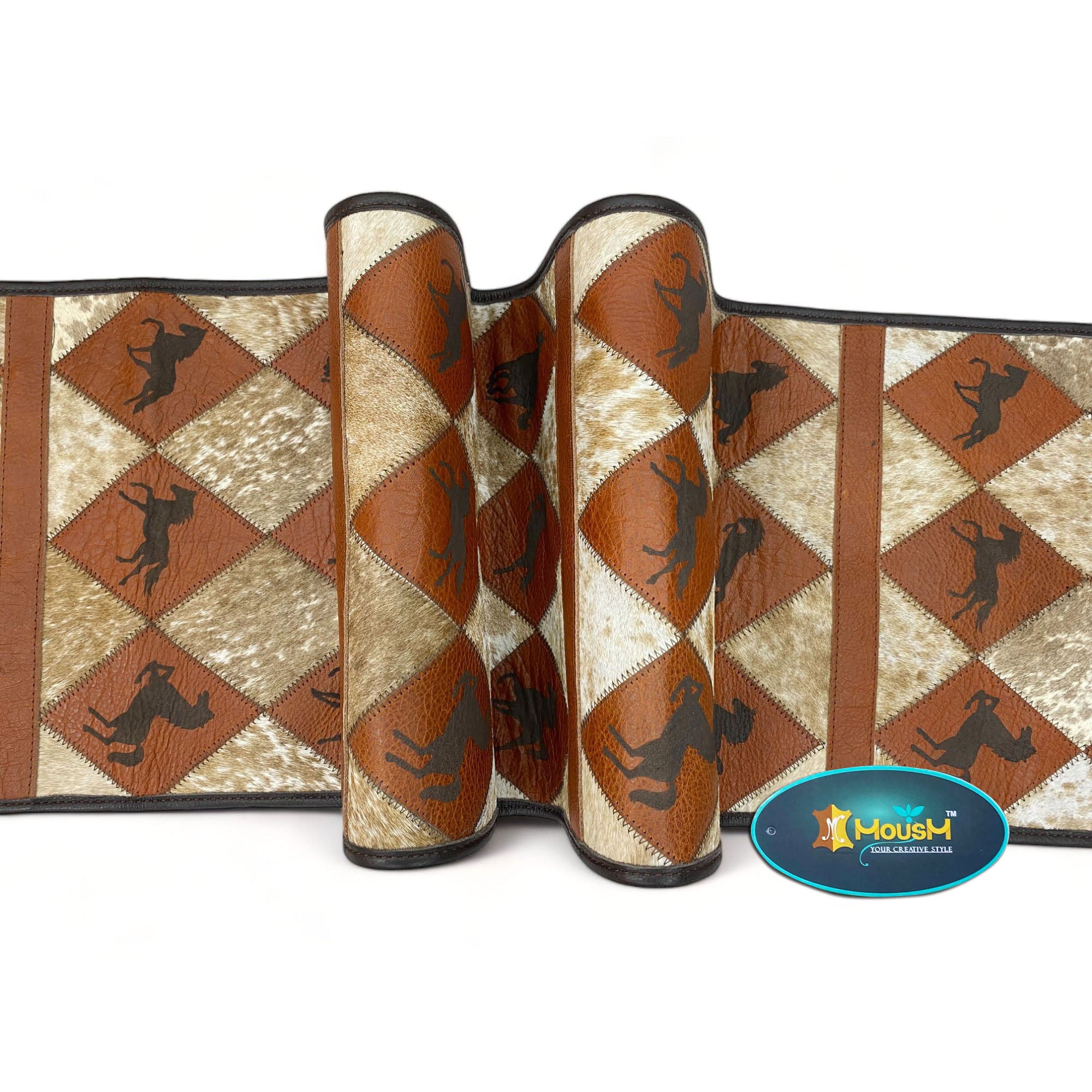 MOUSM Real Cowhide Leather Table Runner – 72x12 Inches, Genuine Cowhide with Laser-Cut Horse Logo Under Orange Diamond Patches & Black Leather Fringe