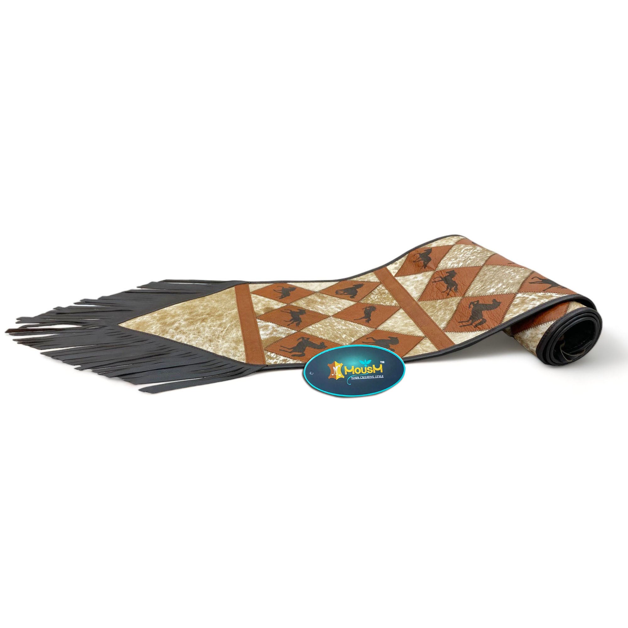 MOUSM Real Cowhide Leather Table Runner – 72x12 Inches, Genuine Cowhide with Laser-Cut Horse Logo Under Orange Diamond Patches & Black Leather Fringe