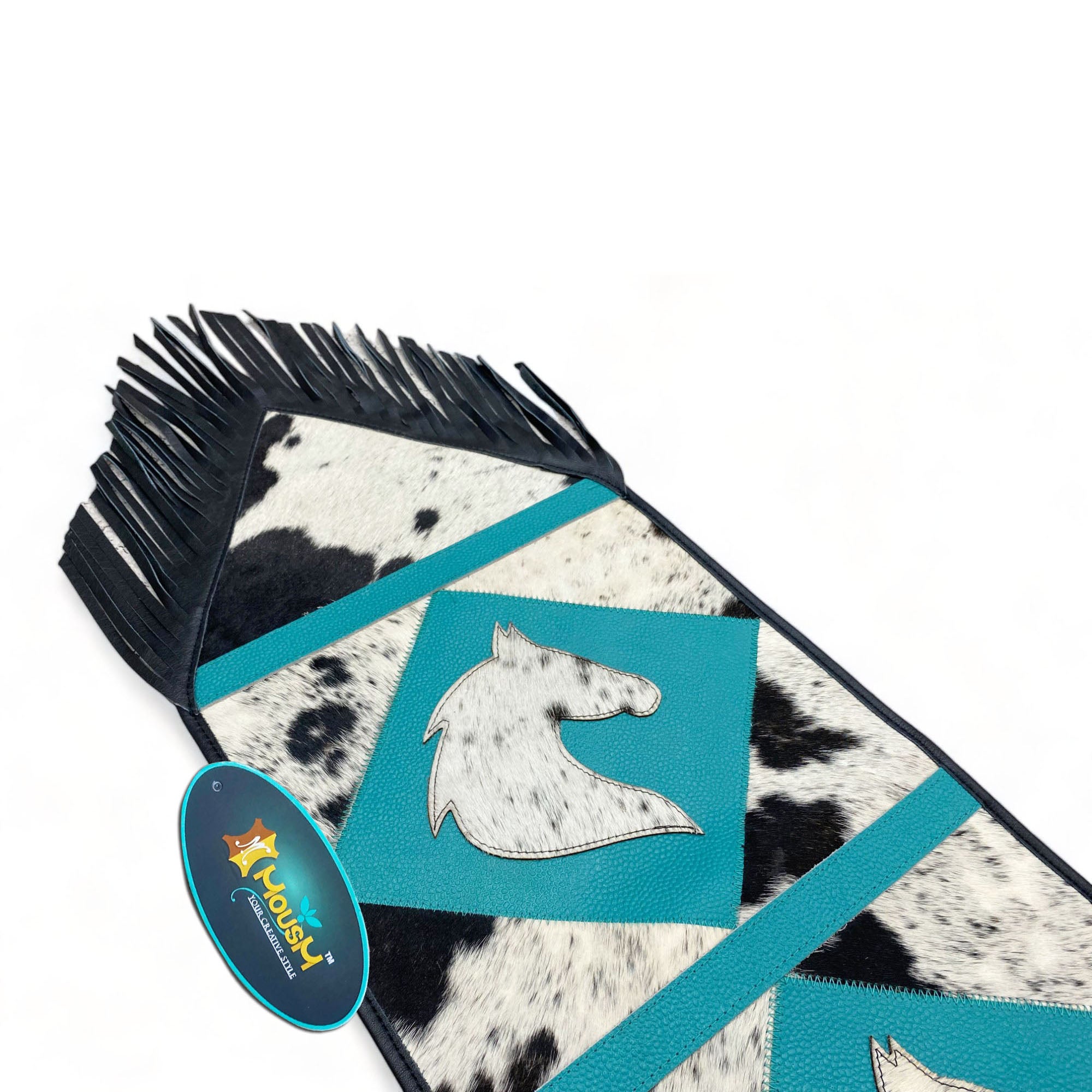 MOUSM Real Cow Hide Leather Table Runner – 72x12 Inches, Decorated with Acid Wash Hair-On Turquoise Diamond Square Patches, Central Horse Face Design and Black Leather Fringe