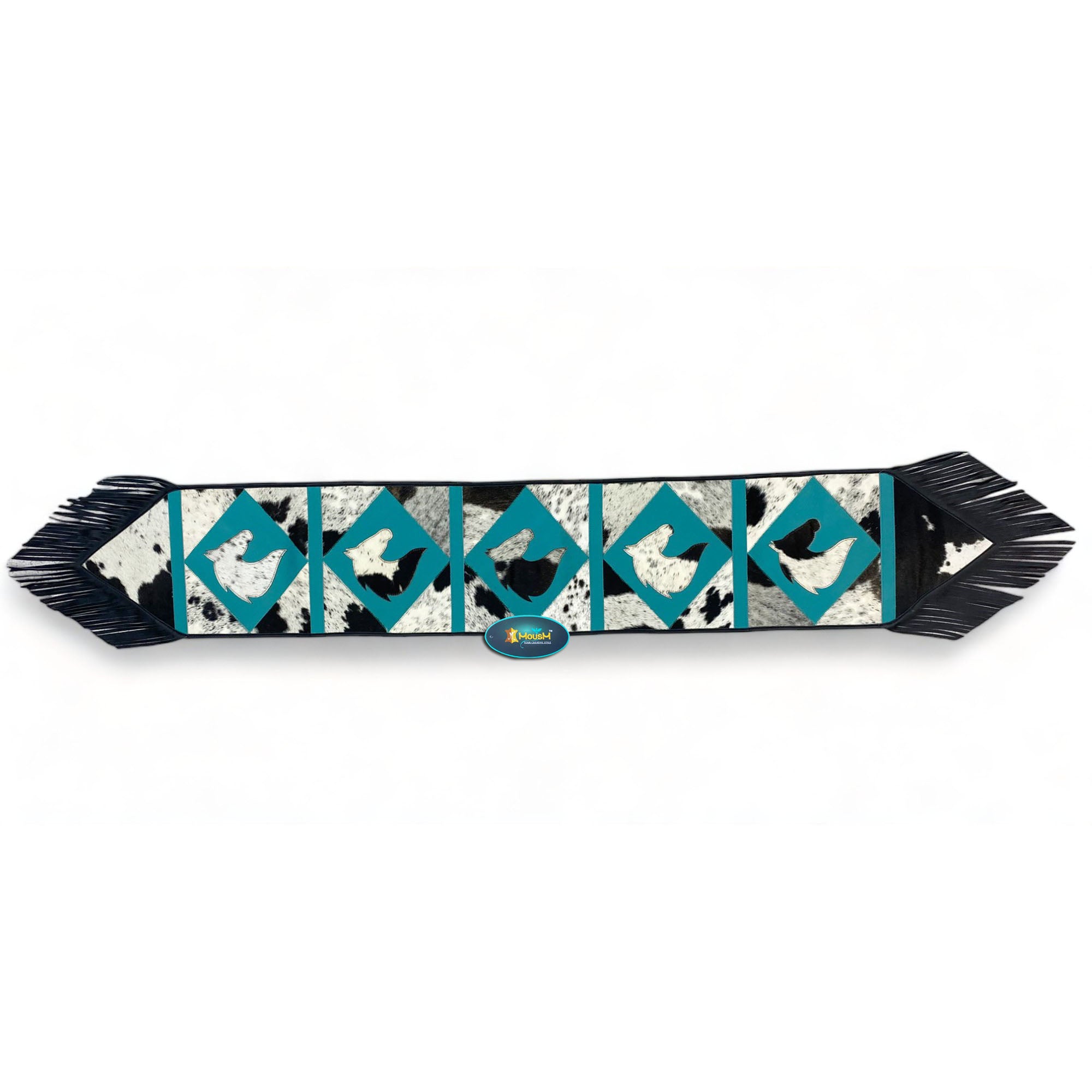 MOUSM Real Cow Hide Leather Table Runner – 72x12 Inches, Decorated with Acid Wash Hair-On Turquoise Diamond Square Patches, Central Horse Face Design and Black Leather Fringe