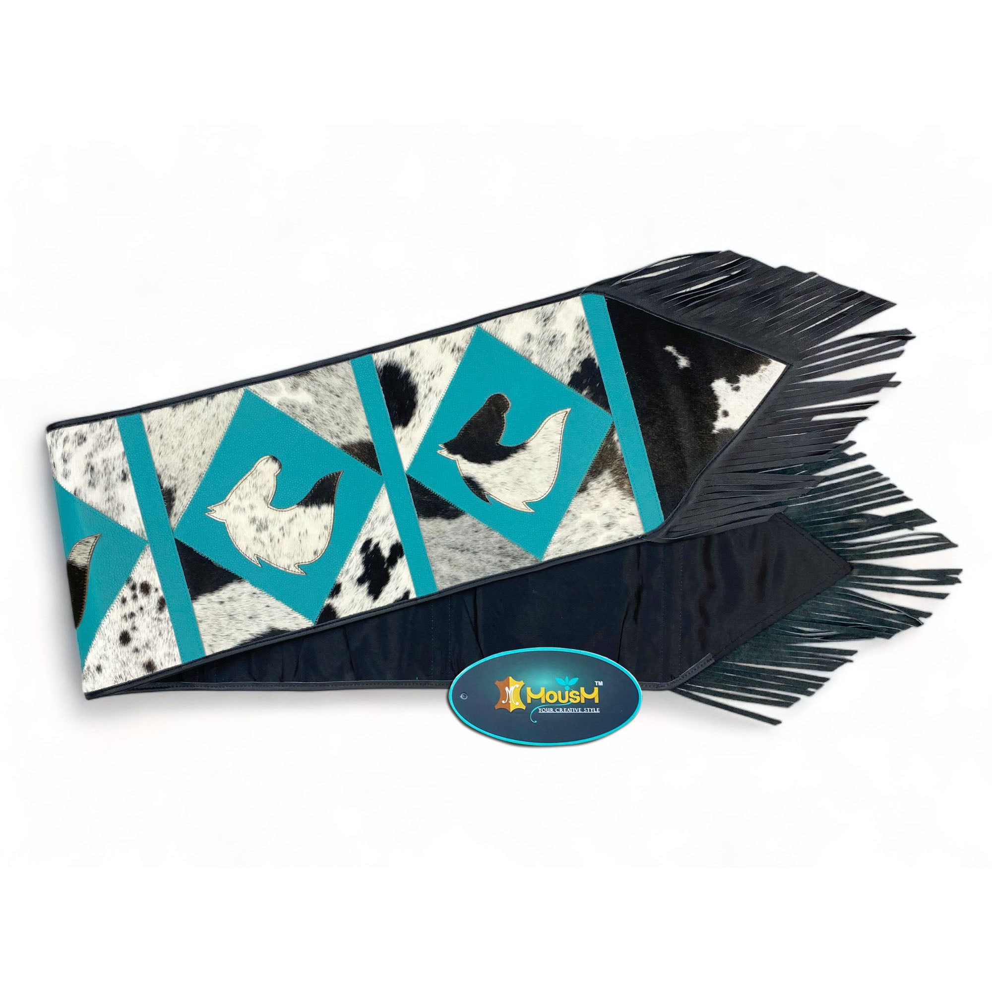 MOUSM Real Cow Hide Leather Table Runner – 72x12 Inches, Decorated with Acid Wash Hair-On Turquoise Diamond Square Patches, Central Horse Face Design and Black Leather Fringe
