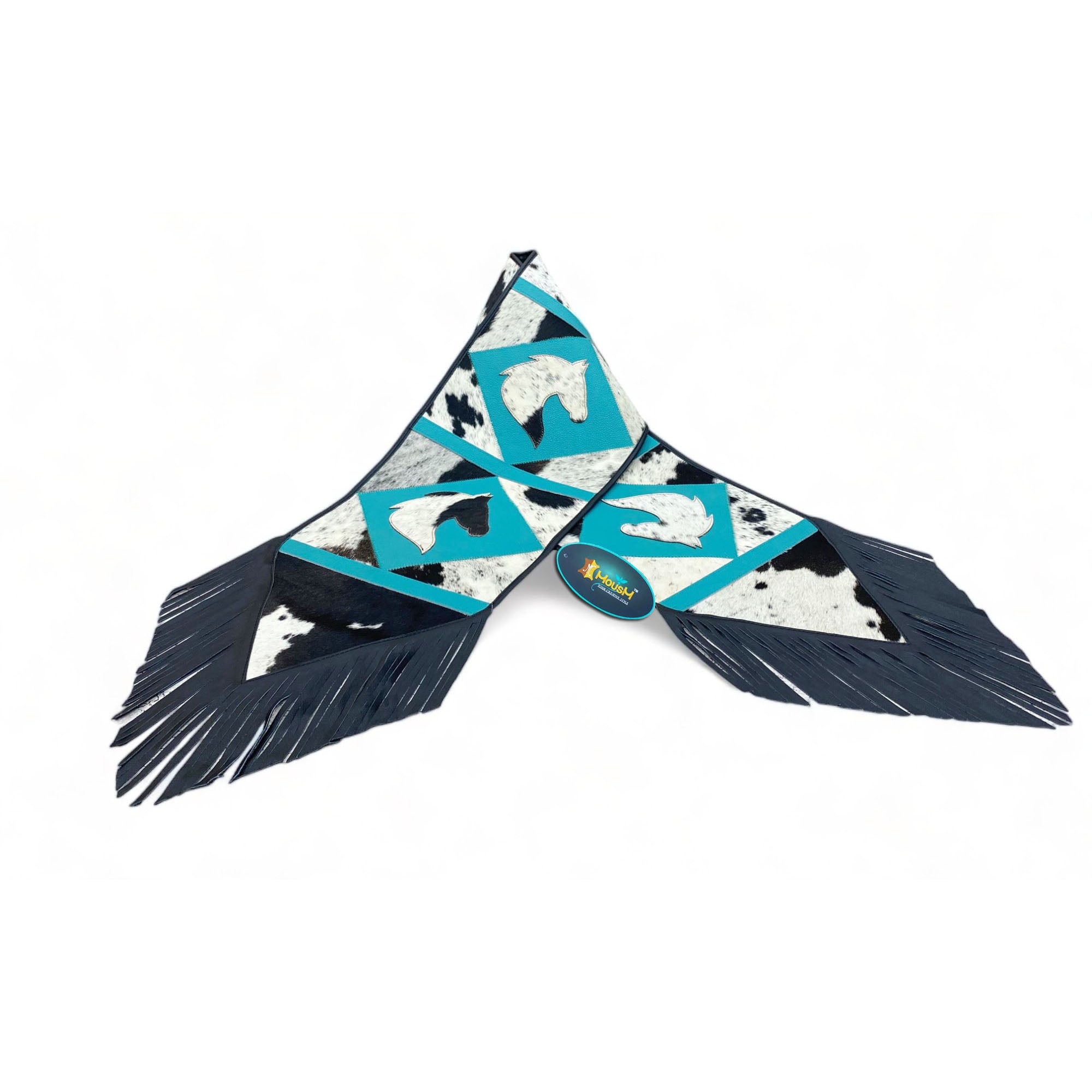 MOUSM Real Cow Hide Leather Table Runner – 72x12 Inches, Decorated with Acid Wash Hair-On Turquoise Diamond Square Patches, Central Horse Face Design and Black Leather Fringe
