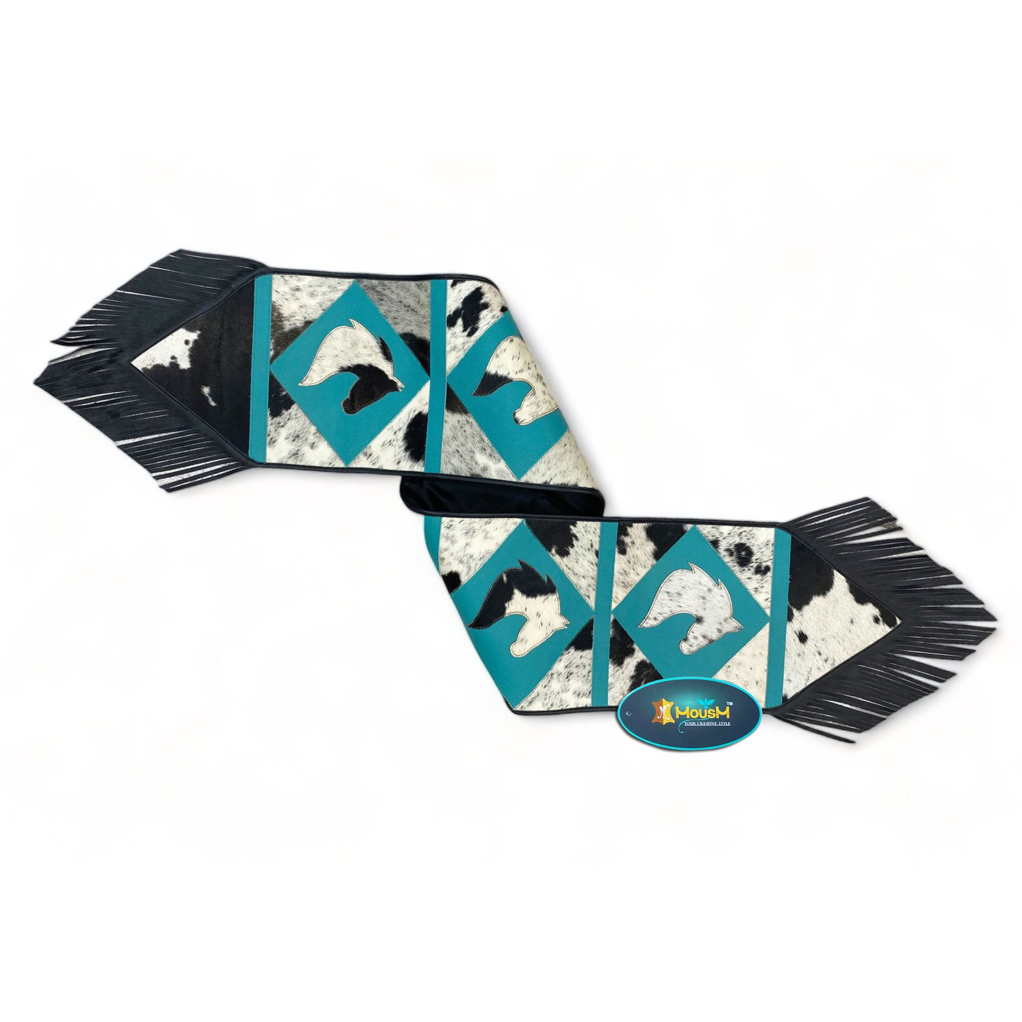 MOUSM Real Cow Hide Leather Table Runner – 72x12 Inches, Decorated with Acid Wash Hair-On Turquoise Diamond Square Patches, Central Horse Face Design and Black Leather Fringe