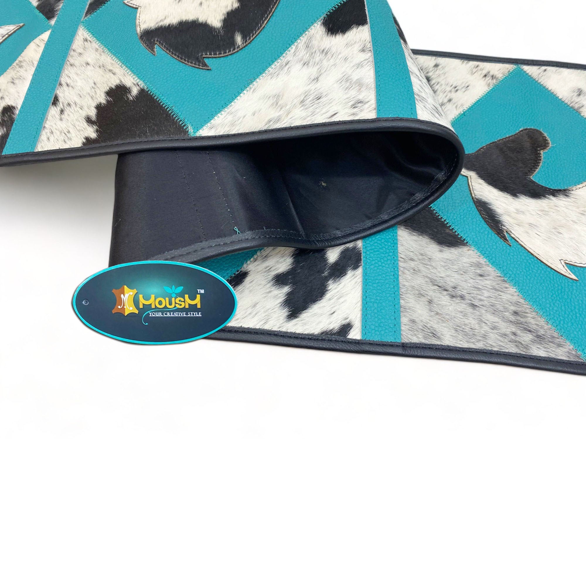 MOUSM Real Cow Hide Leather Table Runner – 72x12 Inches, Decorated with Acid Wash Hair-On Turquoise Diamond Square Patches, Central Horse Face Design and Black Leather Fringe