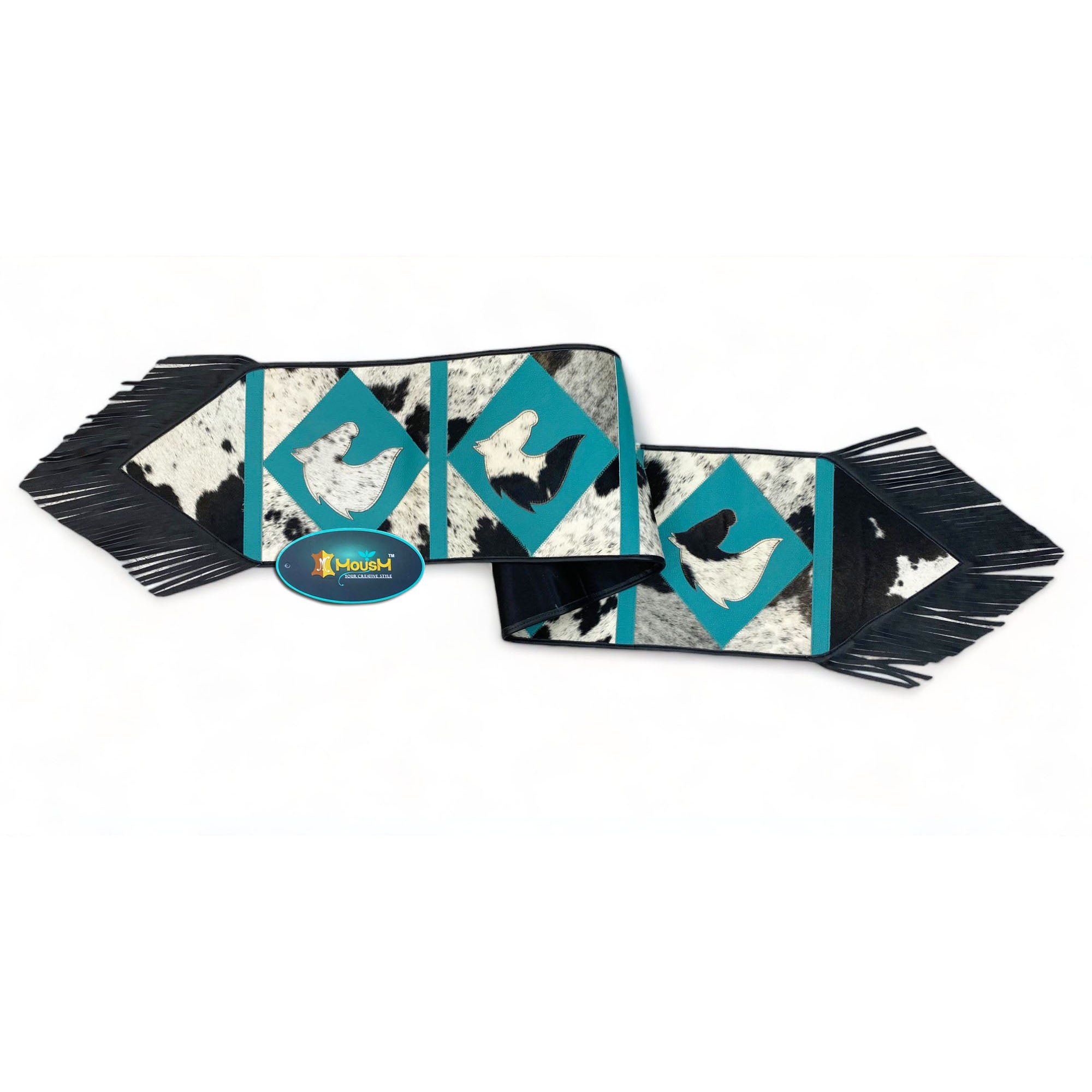 MOUSM Real Cow Hide Leather Table Runner – 72x12 Inches, Decorated with Acid Wash Hair-On Turquoise Diamond Square Patches, Central Horse Face Design and Black Leather Fringe