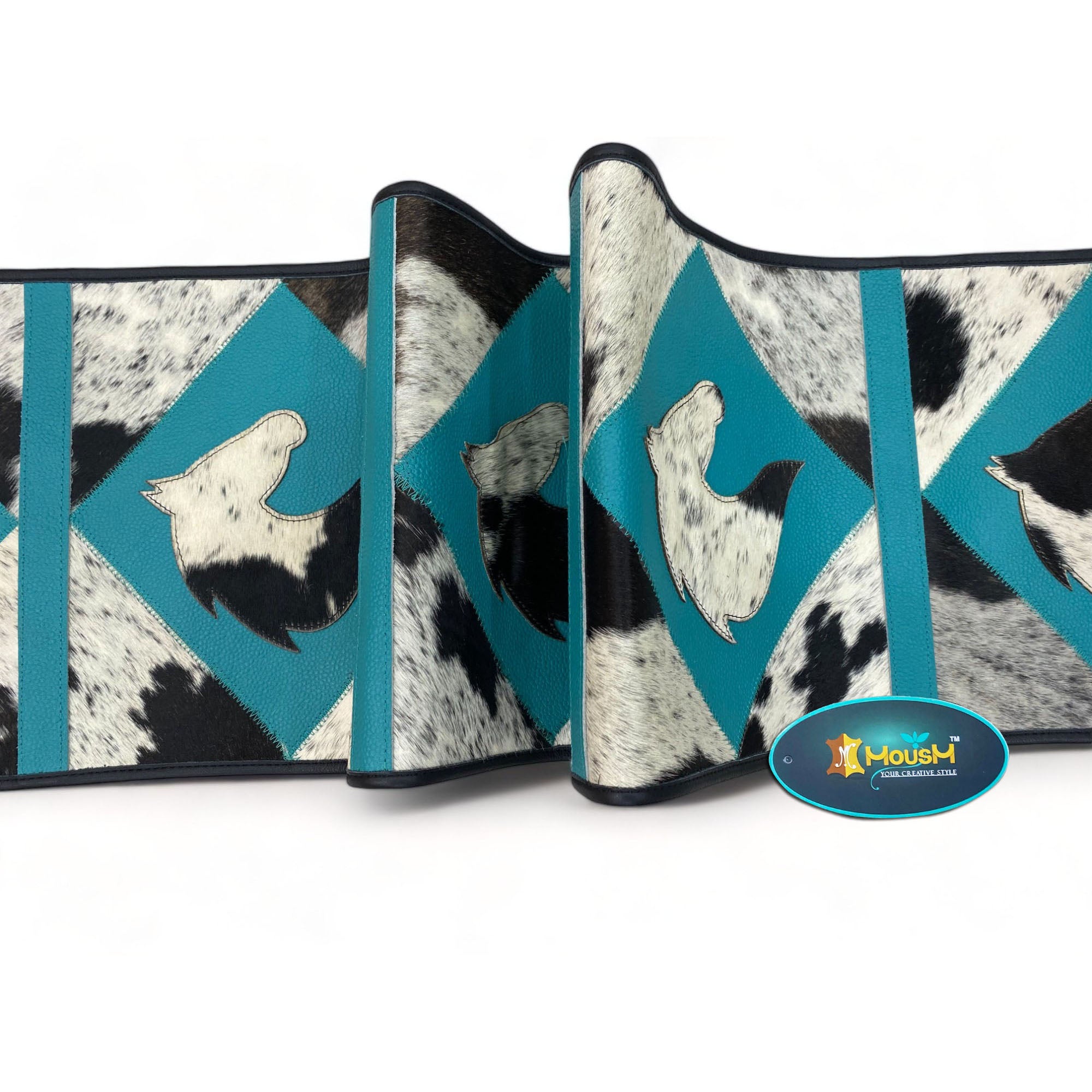 MOUSM Real Cow Hide Leather Table Runner – 72x12 Inches, Decorated with Acid Wash Hair-On Turquoise Diamond Square Patches, Central Horse Face Design and Black Leather Fringe