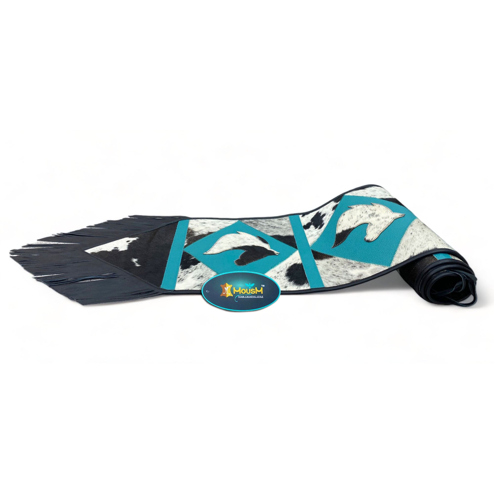 MOUSM Real Cow Hide Leather Table Runner – 72x12 Inches, Decorated with Acid Wash Hair-On Turquoise Diamond Square Patches, Central Horse Face Design and Black Leather Fringe