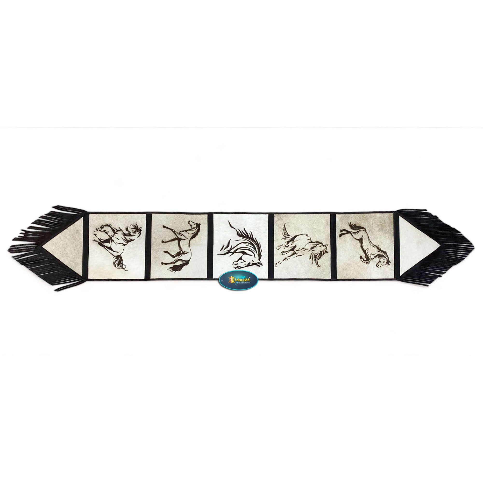 MOUSM Real Cow Hide Leather Table Runner – 72x12 Inches, Table Runner Made from Genuine Ceramic-Colored Cowhide, Decorated with Laser-Engraved Smart Horse Designs and Finished with Black Fringe