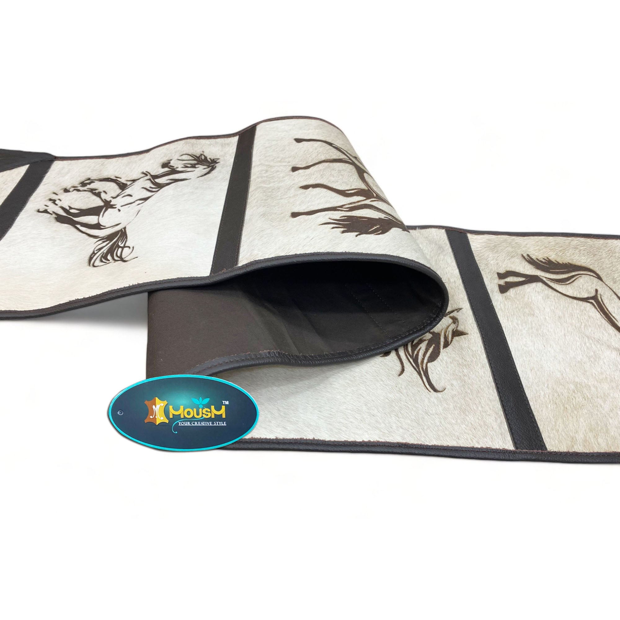 MOUSM Real Cow Hide Leather Table Runner – 72x12 Inches, Table Runner Made from Genuine Ceramic-Colored Cowhide, Decorated with Laser-Engraved Smart Horse Designs and Finished with Black Fringe