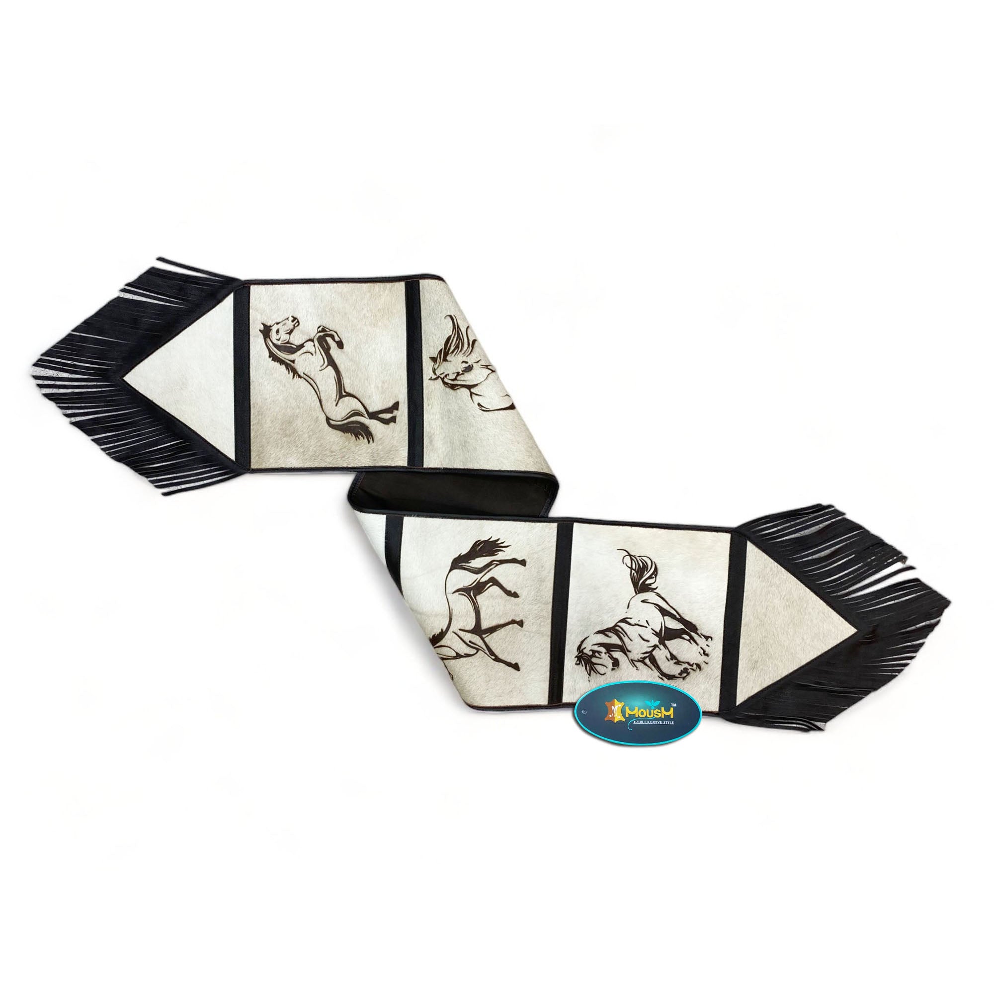 MOUSM Real Cow Hide Leather Table Runner – 72x12 Inches, Table Runner Made from Genuine Ceramic-Colored Cowhide, Decorated with Laser-Engraved Smart Horse Designs and Finished with Black Fringe