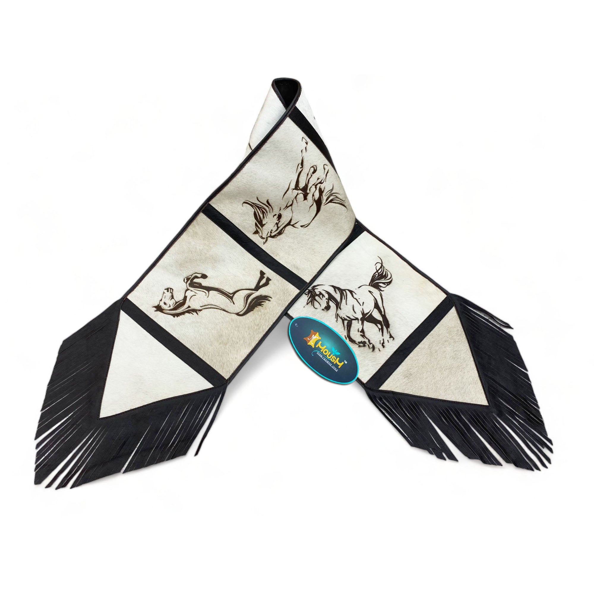 MOUSM Real Cow Hide Leather Table Runner – 72x12 Inches, Table Runner Made from Genuine Ceramic-Colored Cowhide, Decorated with Laser-Engraved Smart Horse Designs and Finished with Black Fringe
