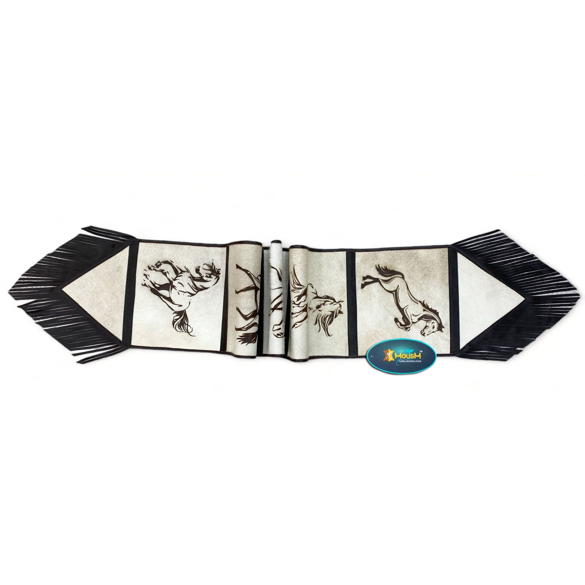 MOUSM Real Cow Hide Leather Table Runner – 72x12 Inches, Table Runner Made from Genuine Ceramic-Colored Cowhide, Decorated with Laser-Engraved Smart Horse Designs and Finished with Black Fringe