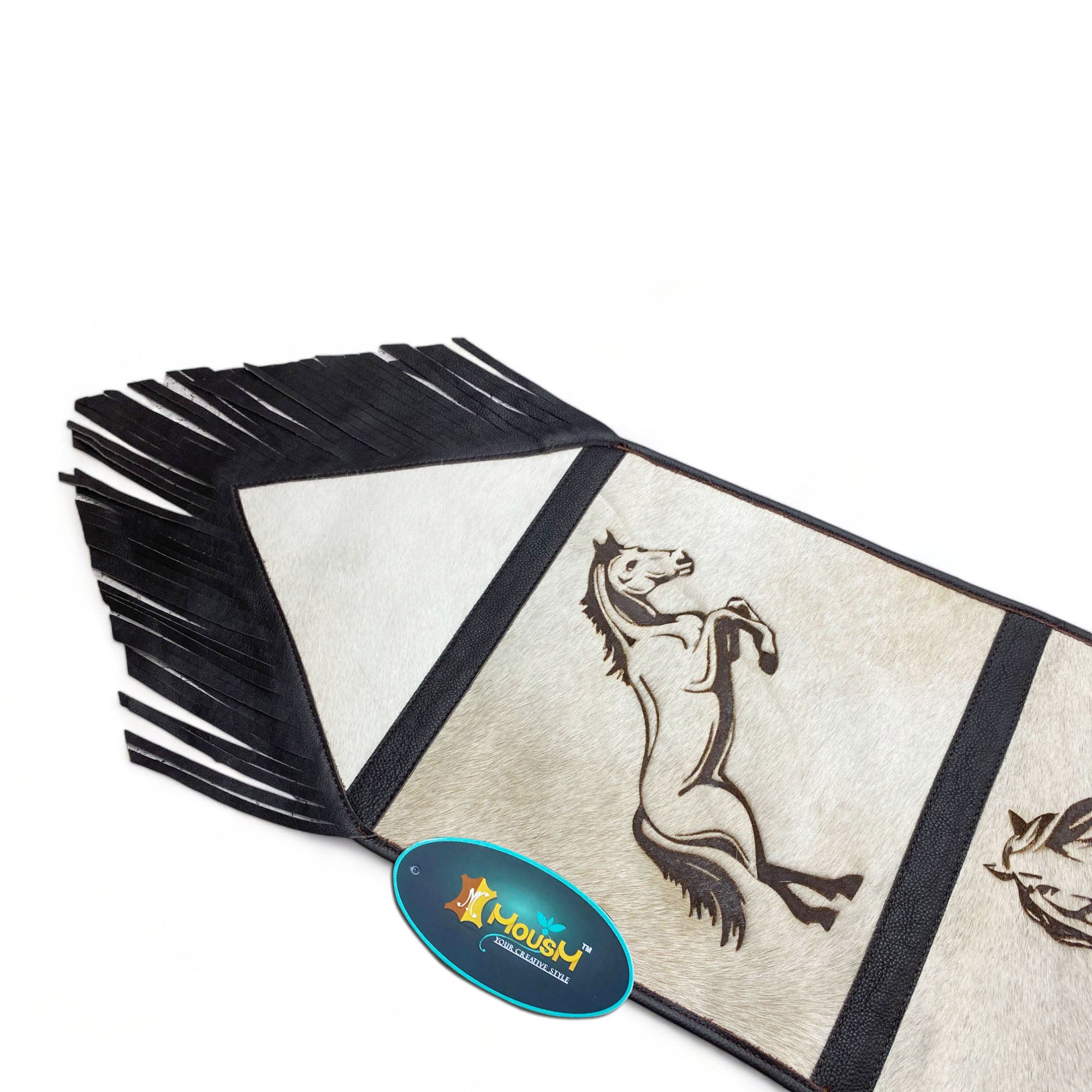 MOUSM Real Cow Hide Leather Table Runner – 72x12 Inches, Table Runner Made from Genuine Ceramic-Colored Cowhide, Decorated with Laser-Engraved Smart Horse Designs and Finished with Black Fringe