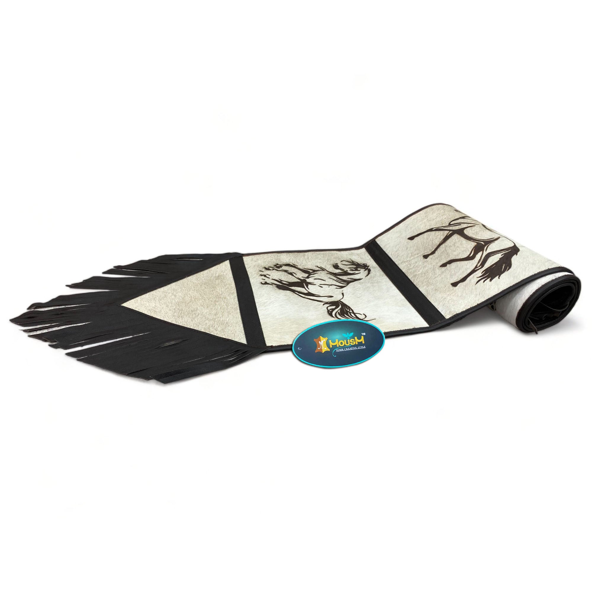 MOUSM Real Cow Hide Leather Table Runner – 72x12 Inches, Table Runner Made from Genuine Ceramic-Colored Cowhide, Decorated with Laser-Engraved Smart Horse Designs and Finished with Black Fringe