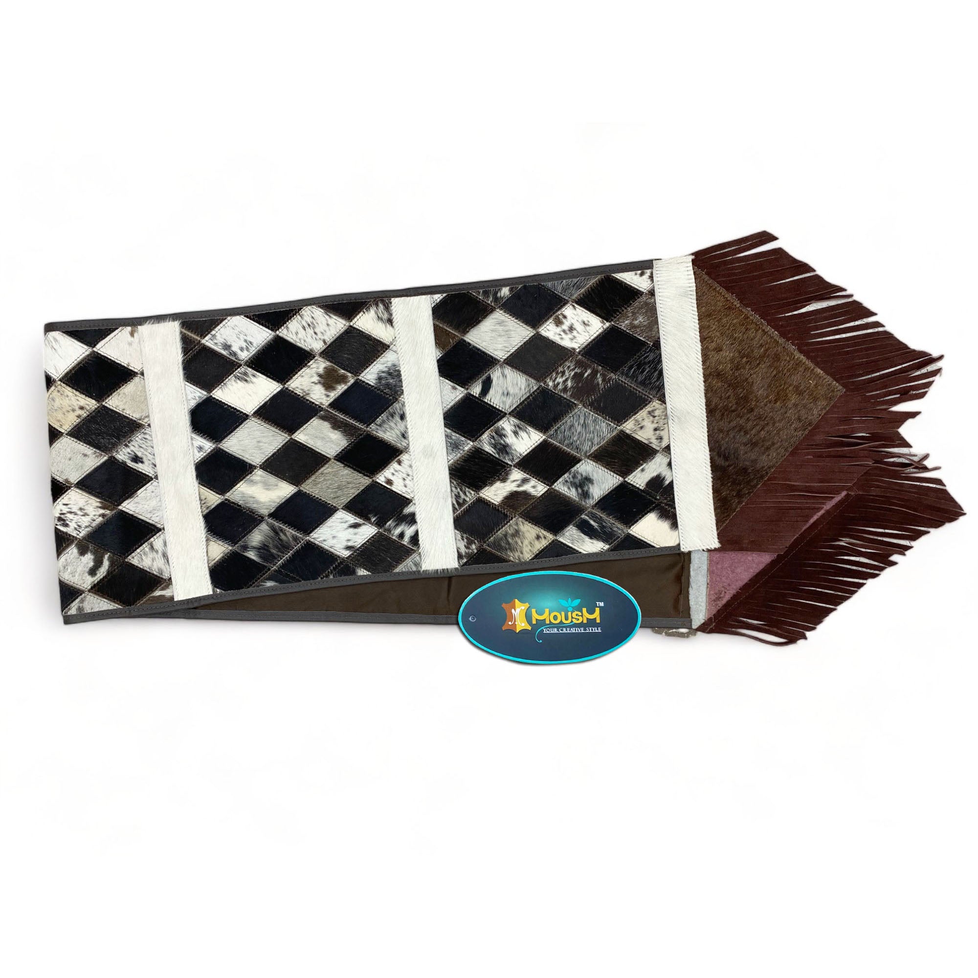 MOUSM Real Cow Hide Leather Table Runner – 72x12 Inches, Table Runner with Chessboard-Style Diamond Patches on Genuine Cowhide with Leather Fringe on Both Sides