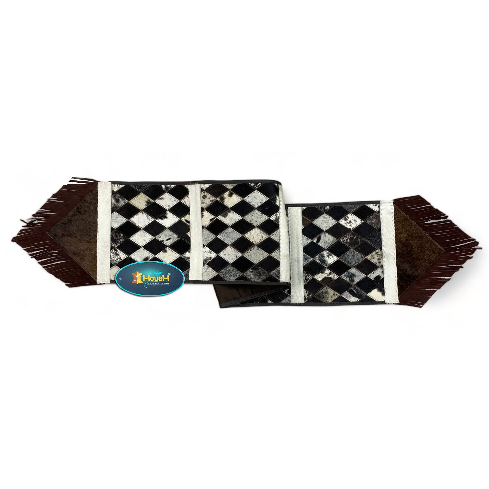 MOUSM Real Cow Hide Leather Table Runner – 72x12 Inches, Table Runner with Chessboard-Style Diamond Patches on Genuine Cowhide with Leather Fringe on Both Sides