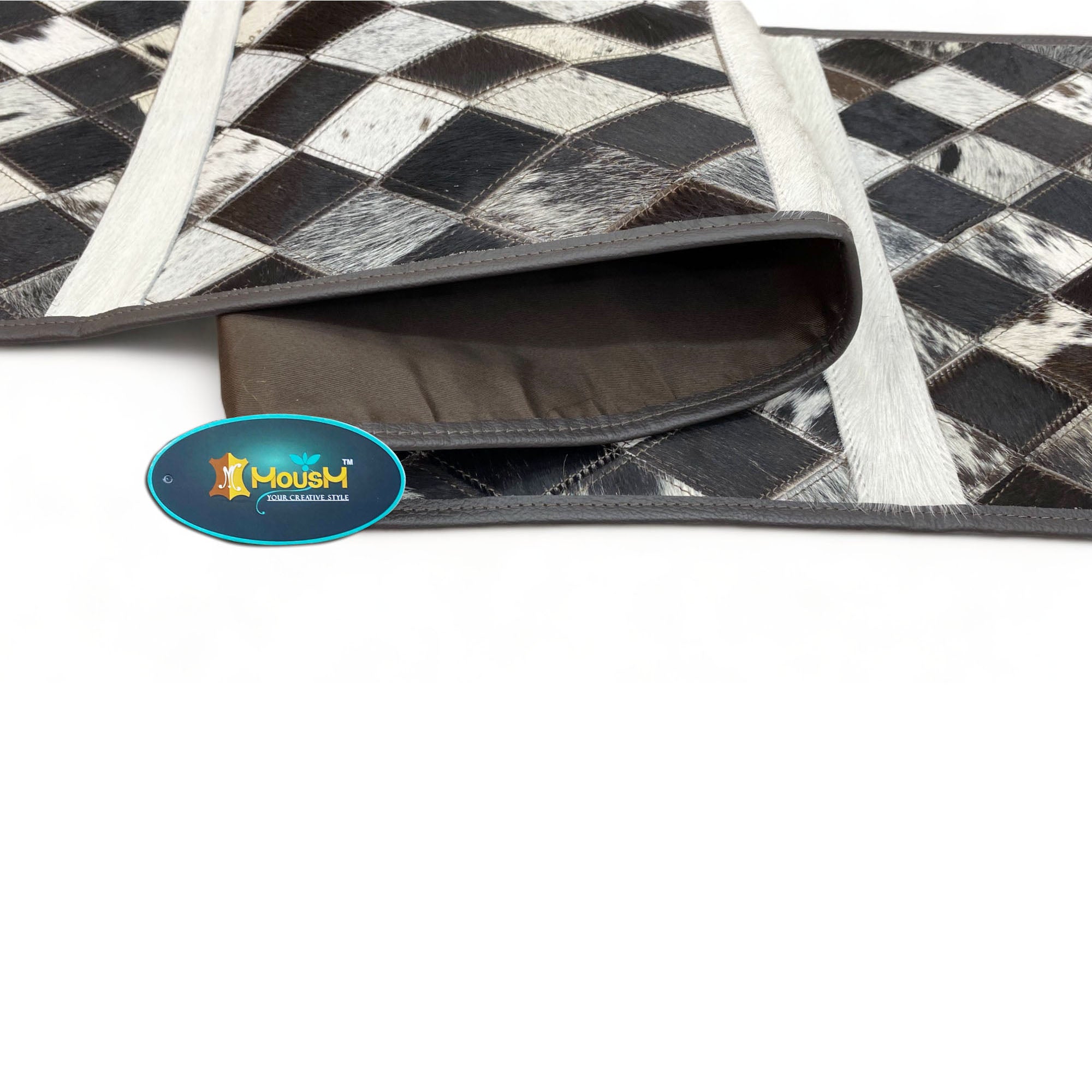 MOUSM Real Cow Hide Leather Table Runner – 72x12 Inches, Table Runner with Chessboard-Style Diamond Patches on Genuine Cowhide with Leather Fringe on Both Sides