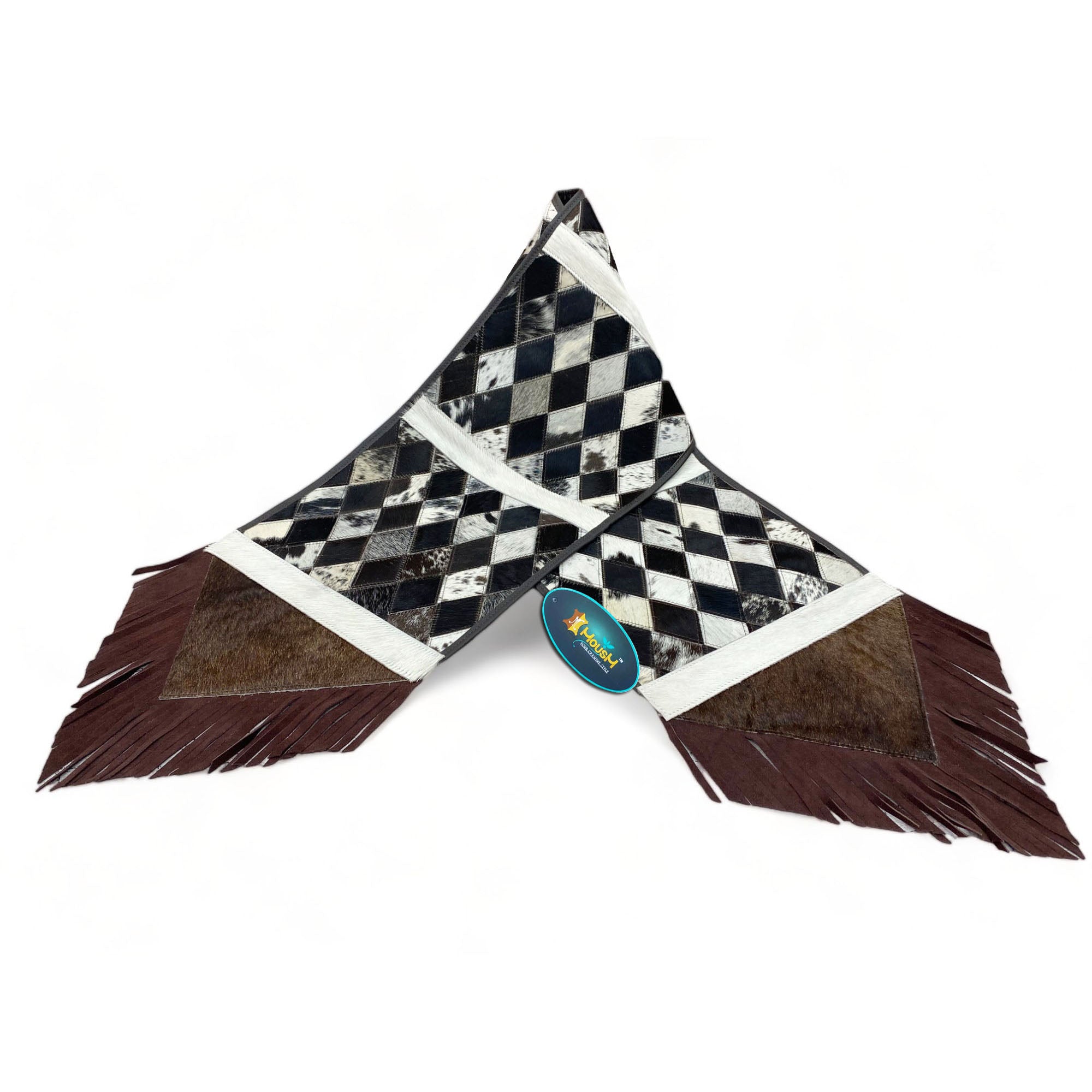 MOUSM Real Cow Hide Leather Table Runner – 72x12 Inches, Table Runner with Chessboard-Style Diamond Patches on Genuine Cowhide with Leather Fringe on Both Sides