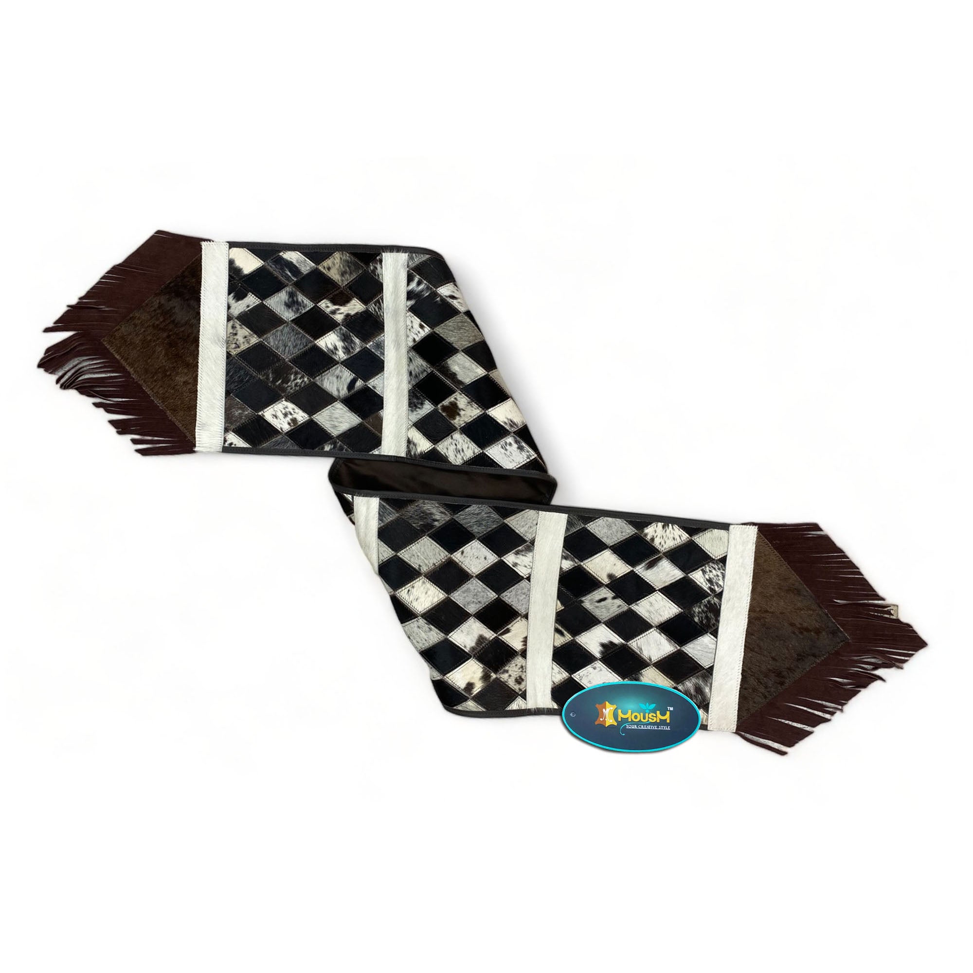 MOUSM Real Cow Hide Leather Table Runner – 72x12 Inches, Table Runner with Chessboard-Style Diamond Patches on Genuine Cowhide with Leather Fringe on Both Sides
