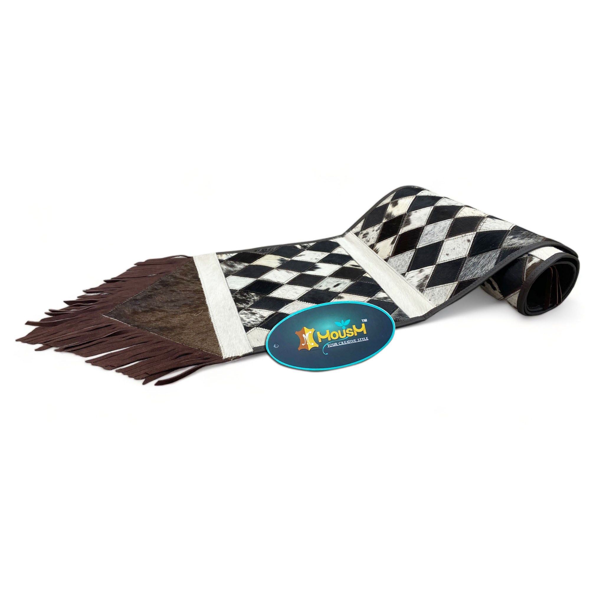 MOUSM Real Cow Hide Leather Table Runner – 72x12 Inches, Table Runner with Chessboard-Style Diamond Patches on Genuine Cowhide with Leather Fringe on Both Sides