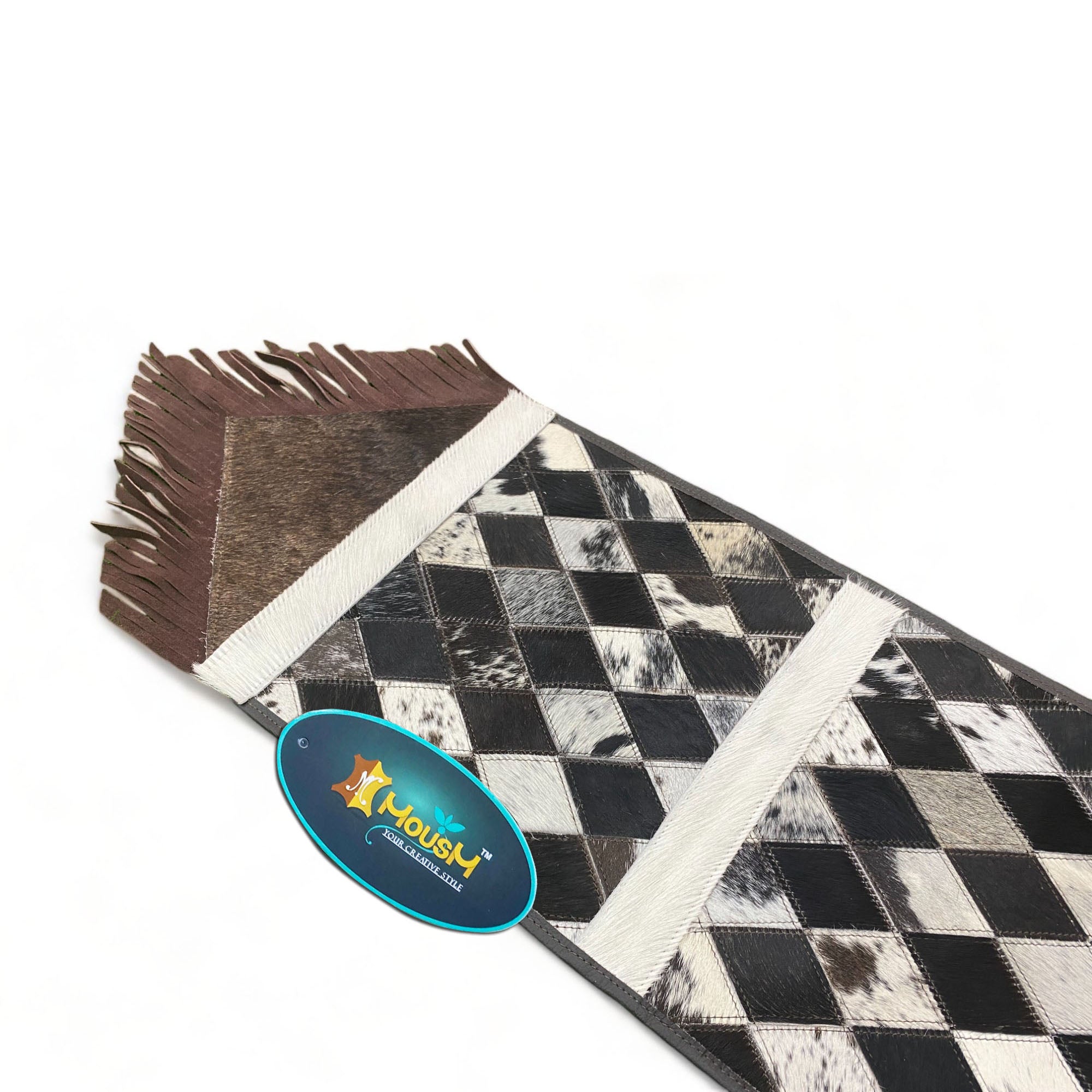 MOUSM Real Cow Hide Leather Table Runner – 72x12 Inches, Table Runner with Chessboard-Style Diamond Patches on Genuine Cowhide with Leather Fringe on Both Sides