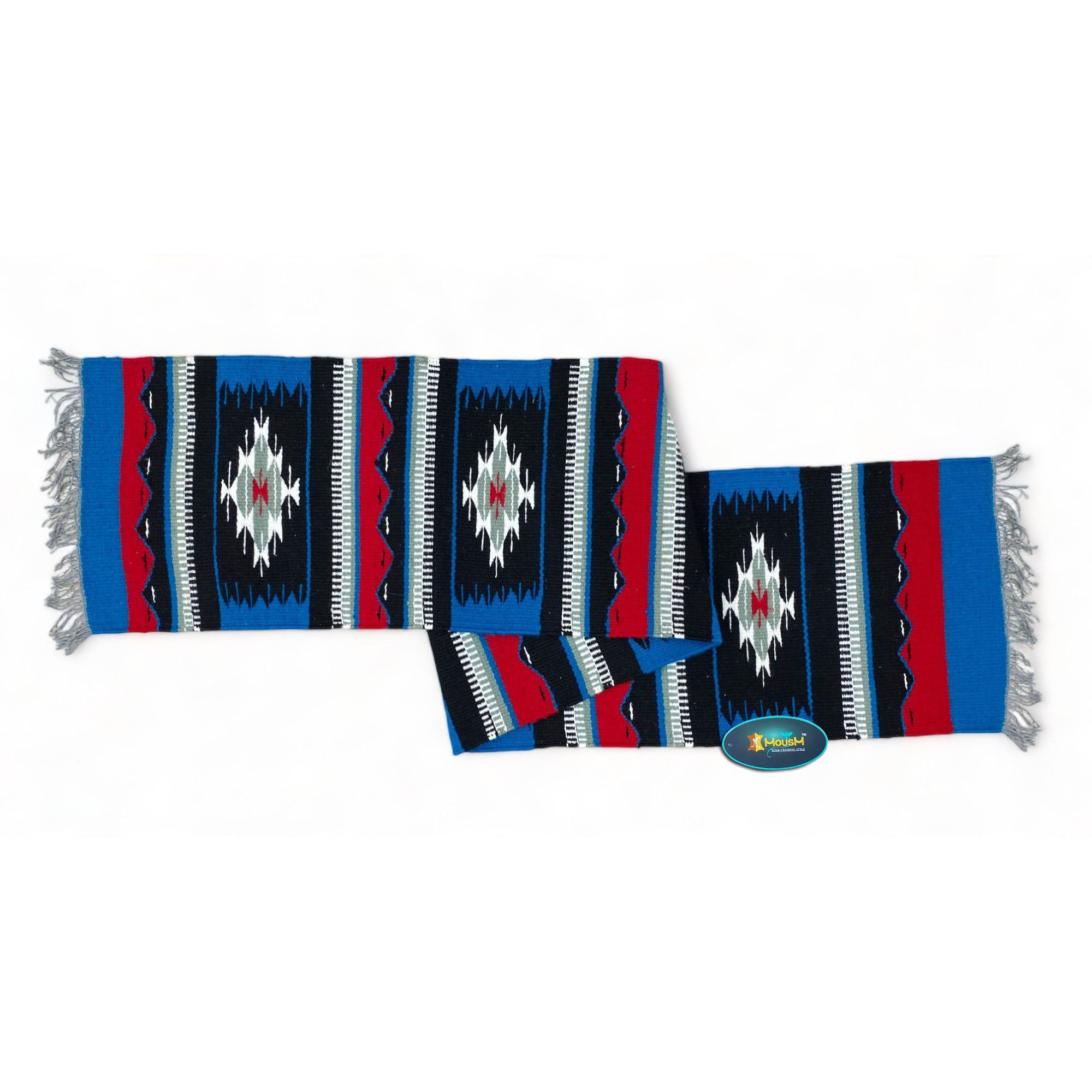 MOUSM Handwoven Cotton Table runner 72x12 Inches, Decorated with Blue, Black and White with Blanket Fringe at Both Side of Table Runner