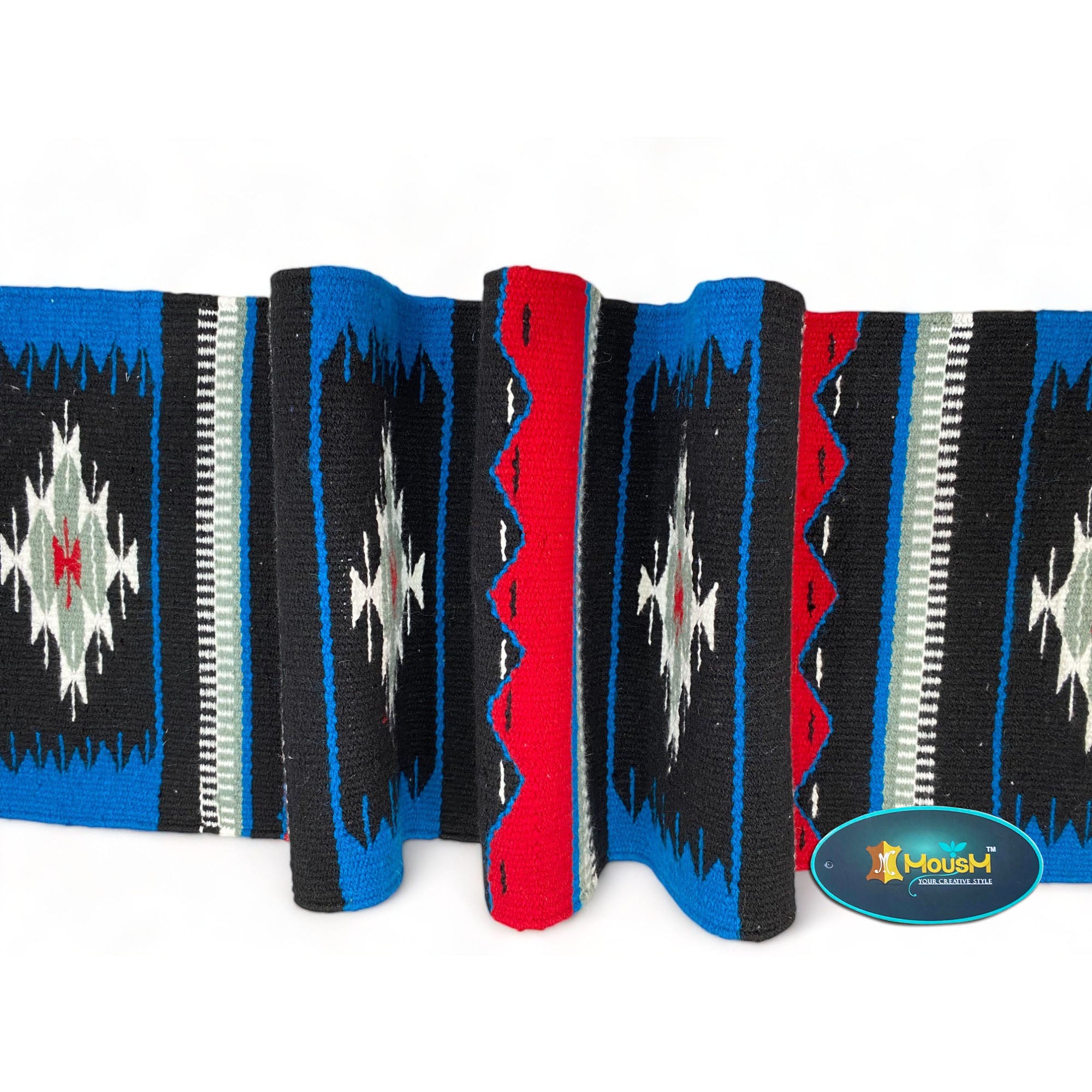 MOUSM Handwoven Cotton Table runner 72x12 Inches, Decorated with Blue, Black and White with Blanket Fringe at Both Side of Table Runner