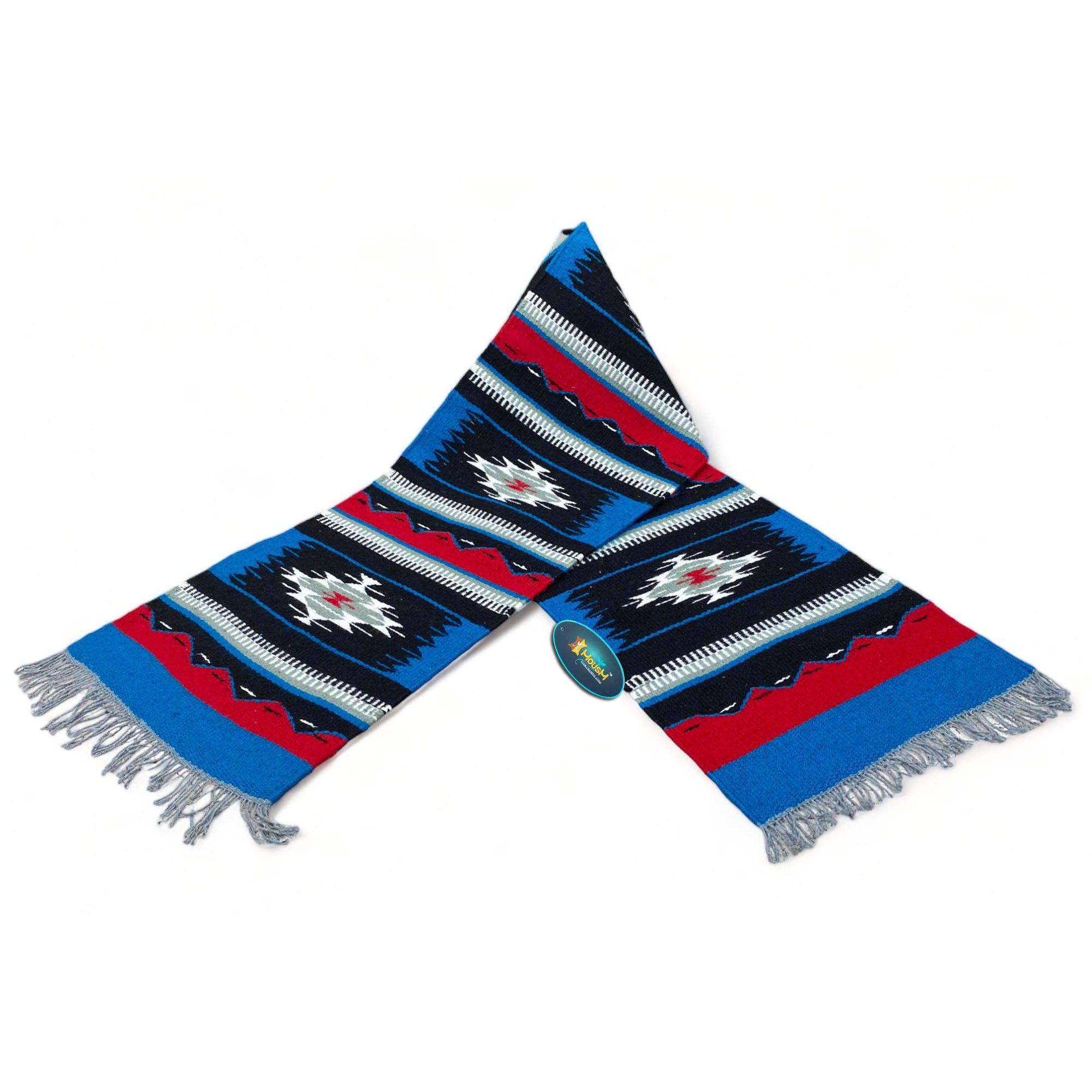 MOUSM Handwoven Cotton Table runner 72x12 Inches, Decorated with Blue, Black and White with Blanket Fringe at Both Side of Table Runner