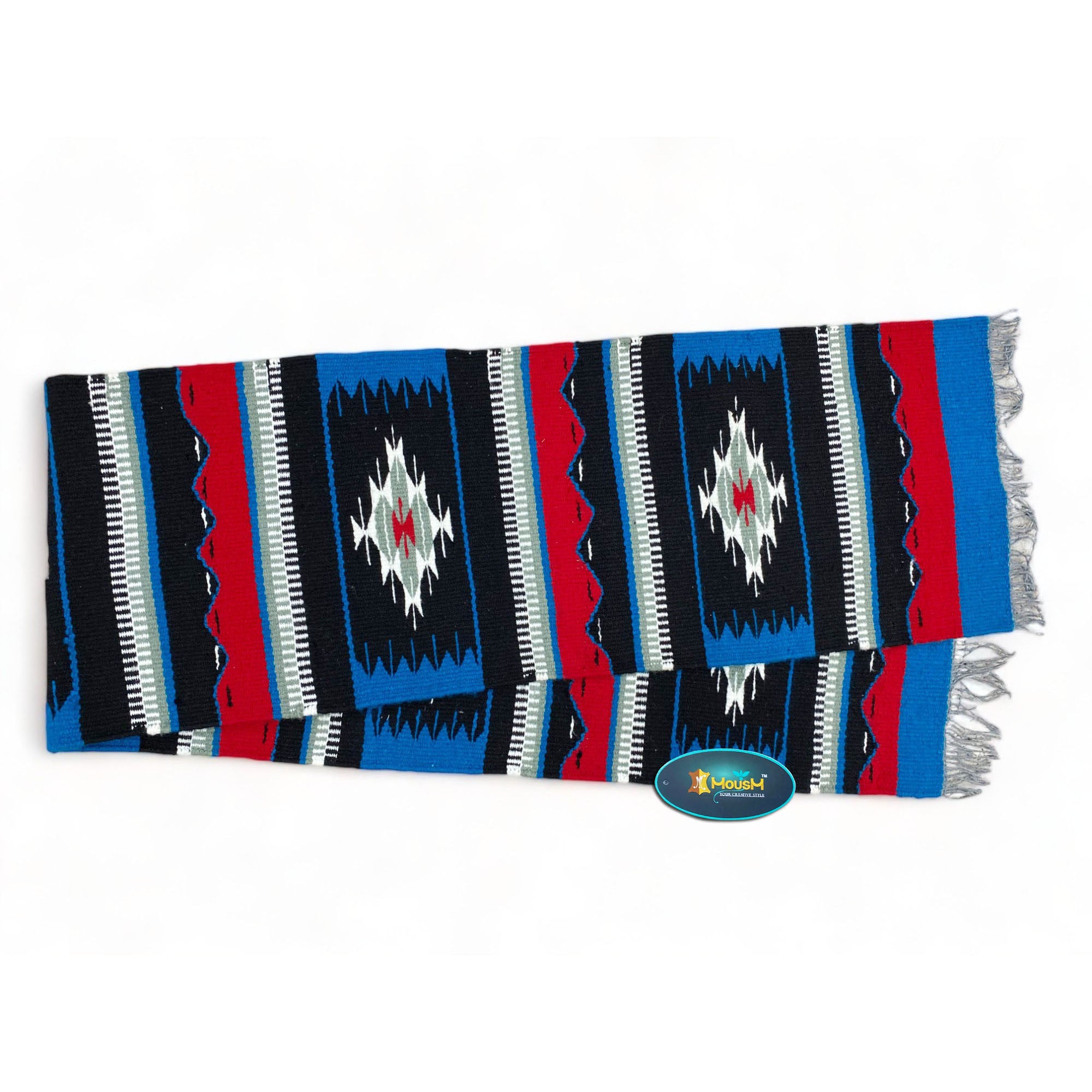 MOUSM Handwoven Cotton Table runner 72x12 Inches, Decorated with Blue, Black and White with Blanket Fringe at Both Side of Table Runner