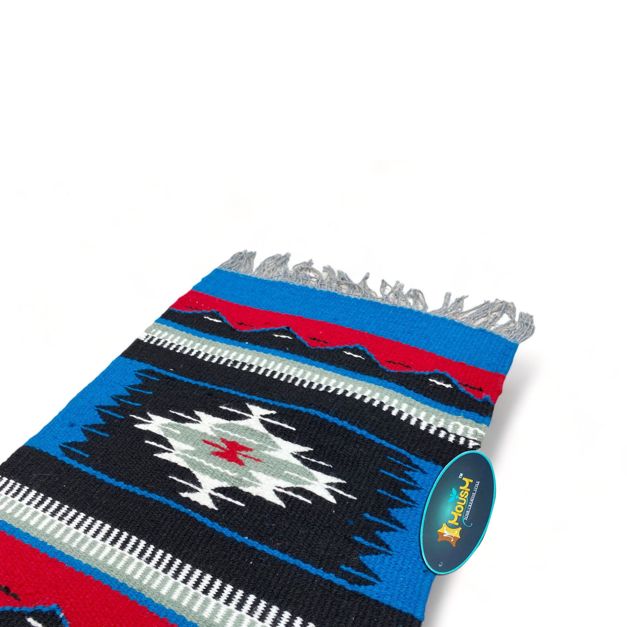 MOUSM Handwoven Cotton Table runner 72x12 Inches, Decorated with Blue, Black and White with Blanket Fringe at Both Side of Table Runner