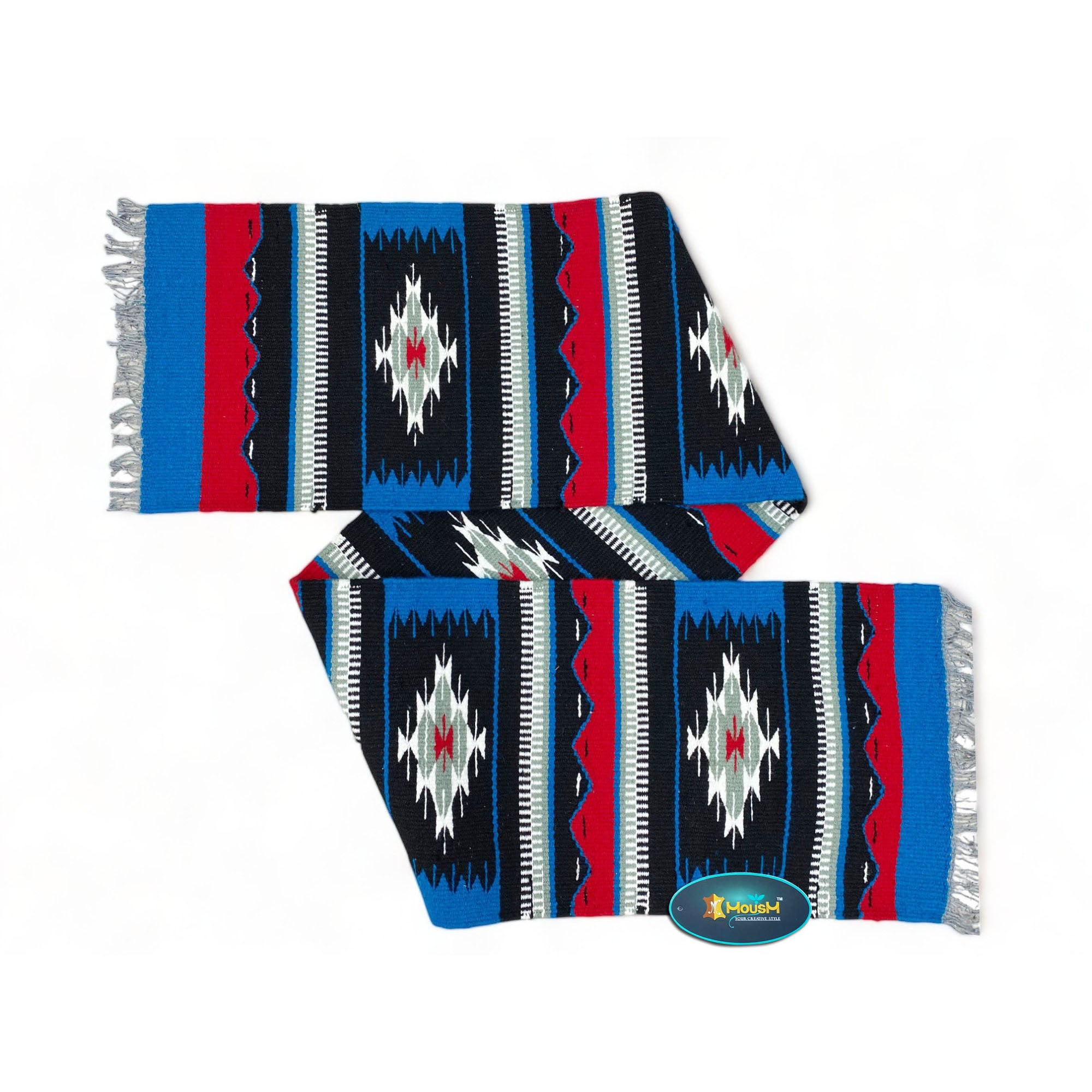 MOUSM Handwoven Cotton Table runner 72x12 Inches, Decorated with Blue, Black and White with Blanket Fringe at Both Side of Table Runner