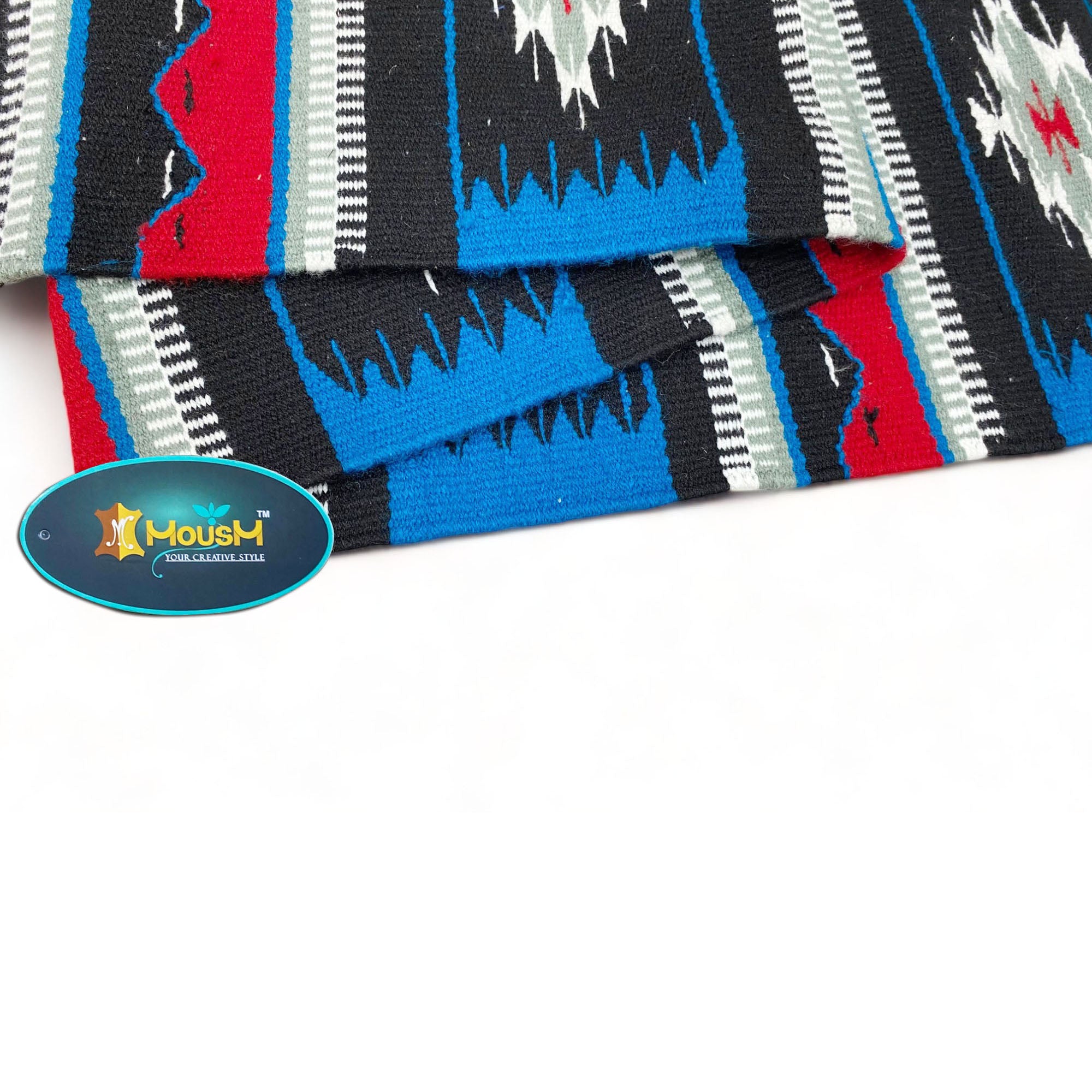 MOUSM Handwoven Cotton Table runner 72x12 Inches, Decorated with Blue, Black and White with Blanket Fringe at Both Side of Table Runner