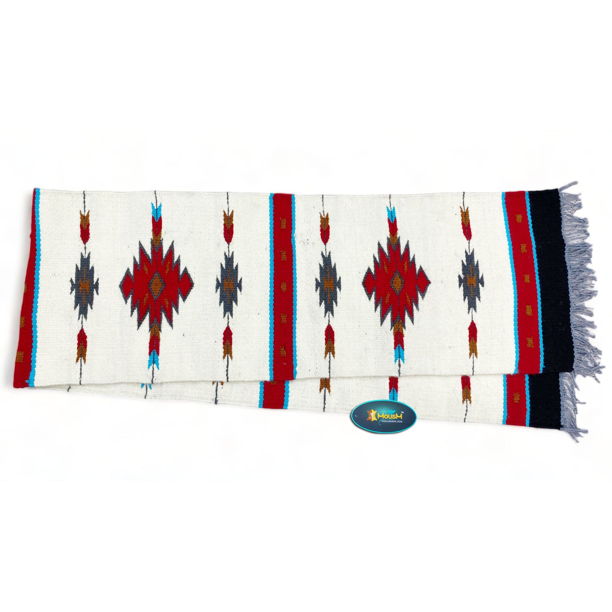 MOUSM Handwoven Cotton Table Runner with Traditional Geometric Square-Cut Design – Home Décor Accent for Coffee Tables & Dining Tables, Fringed Edges on Both Ends.