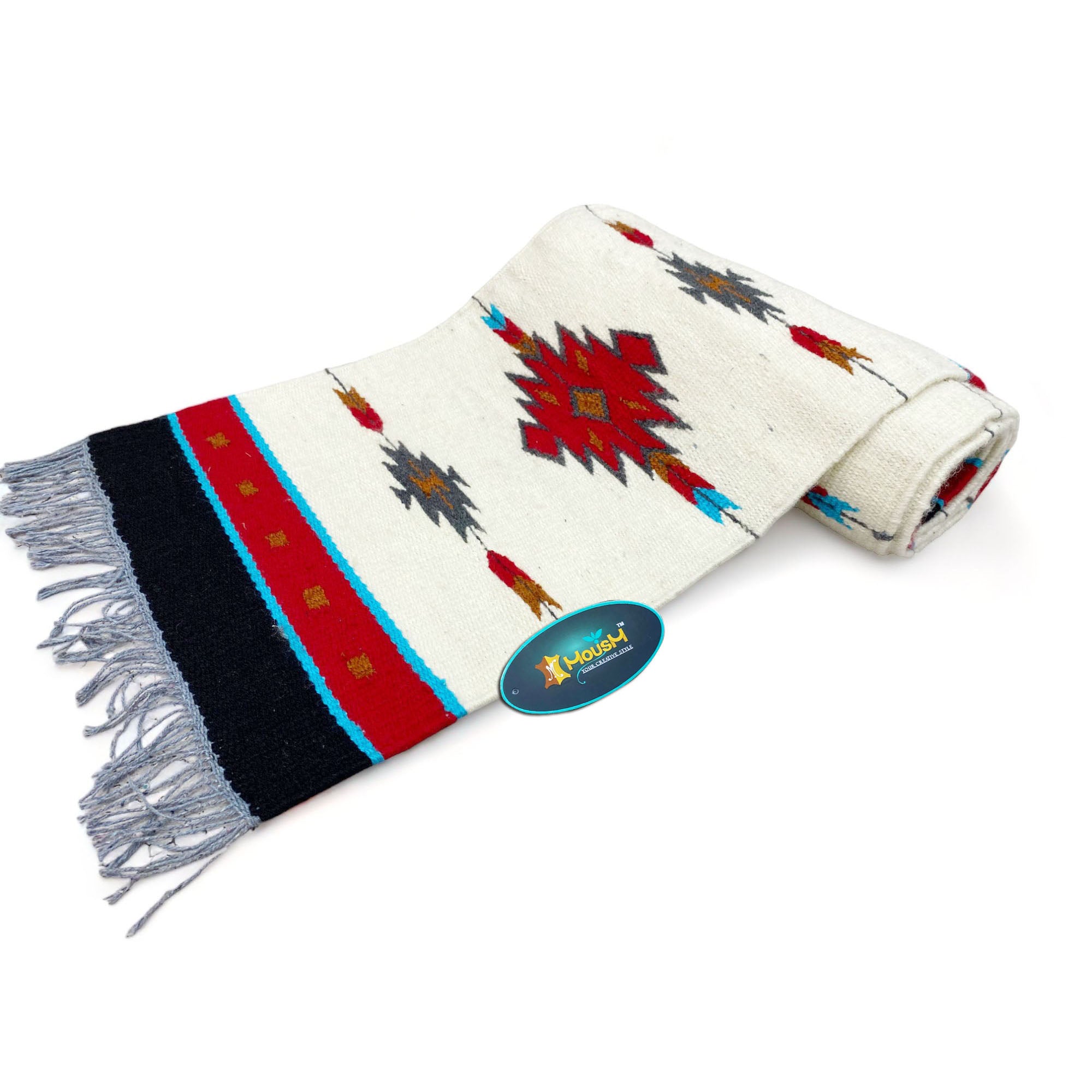 MOUSM Handwoven Cotton Table Runner with Traditional Geometric Square-Cut Design – Home Décor Accent for Coffee Tables & Dining Tables, Fringed Edges on Both Ends.