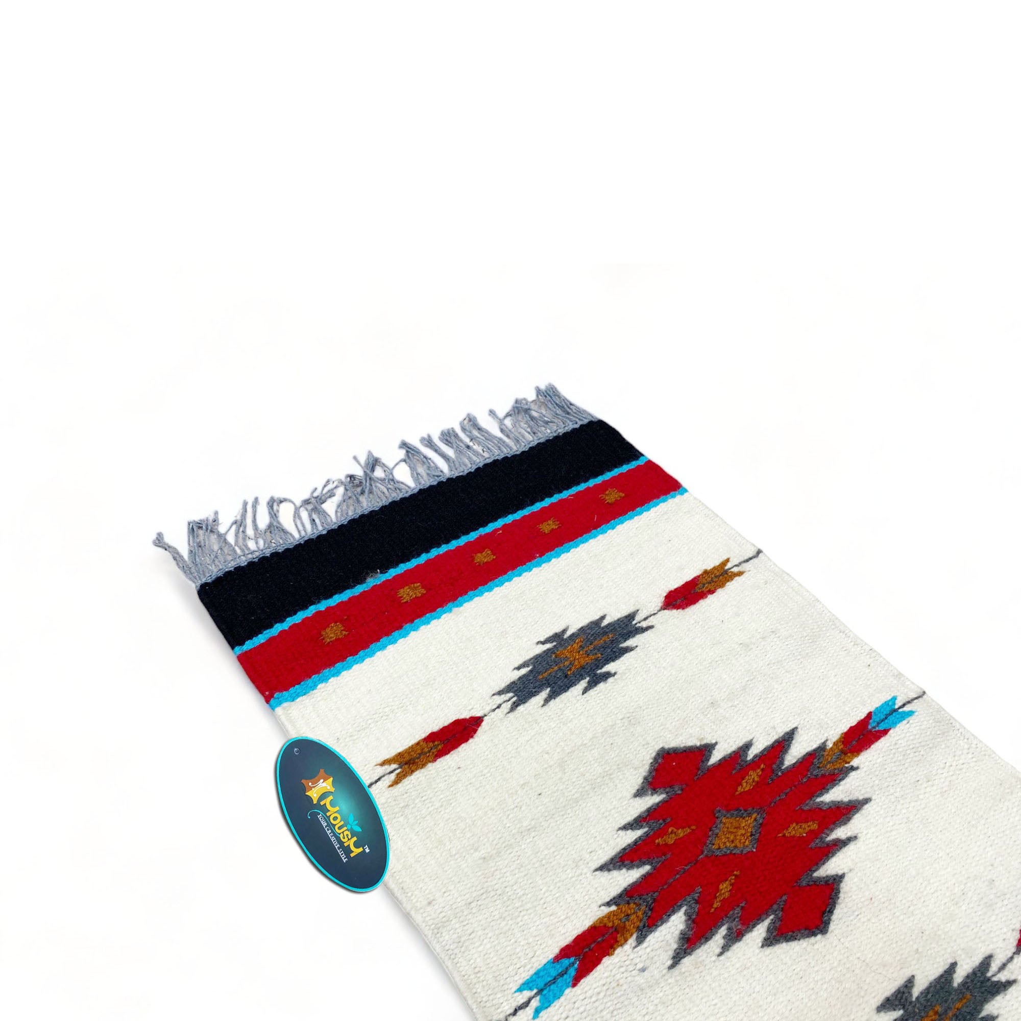 MOUSM Handwoven Cotton Table Runner with Traditional Geometric Square-Cut Design – Home Décor Accent for Coffee Tables & Dining Tables, Fringed Edges on Both Ends.