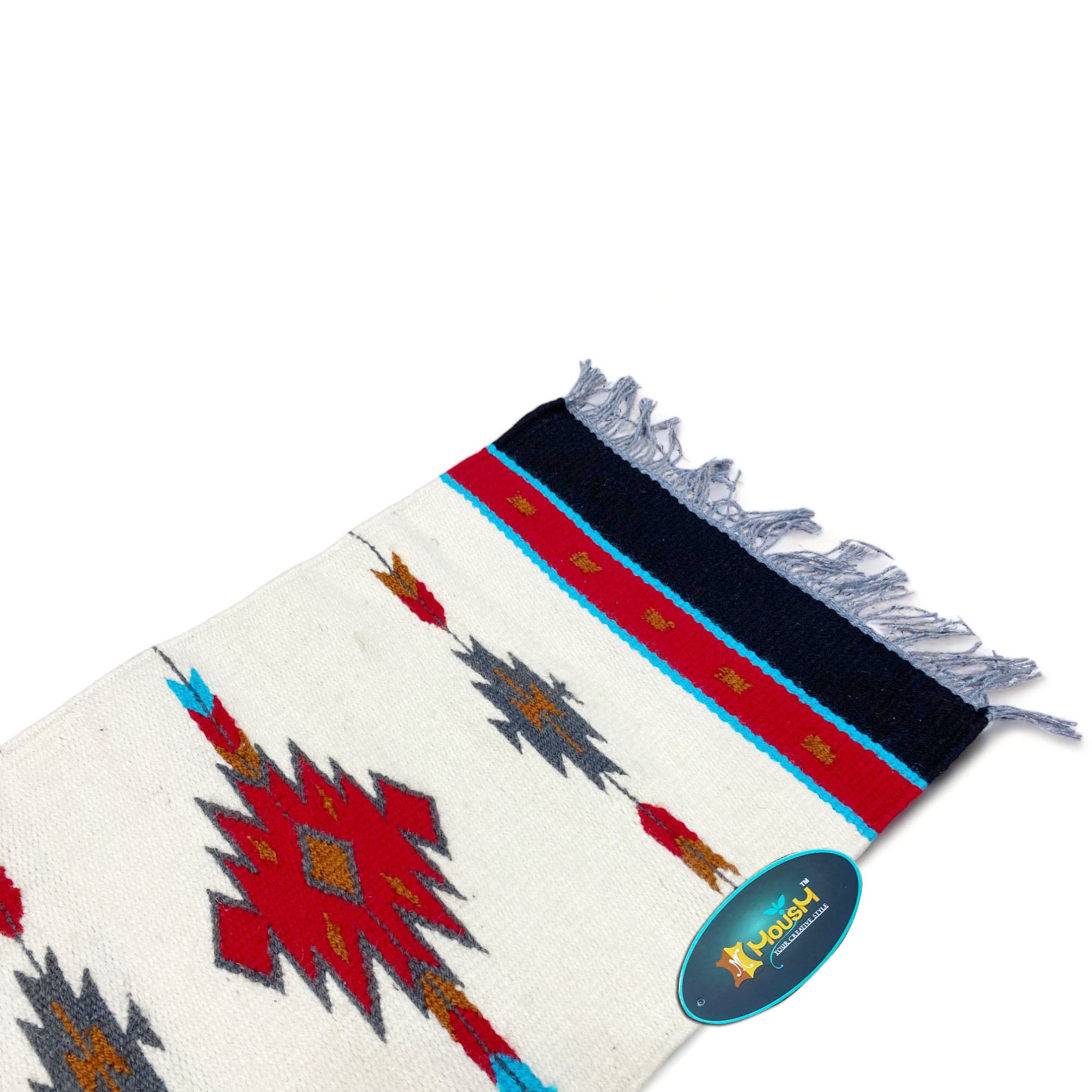 MOUSM Handwoven Cotton Table Runner with Traditional Geometric Square-Cut Design – Home Décor Accent for Coffee Tables & Dining Tables, Fringed Edges on Both Ends.