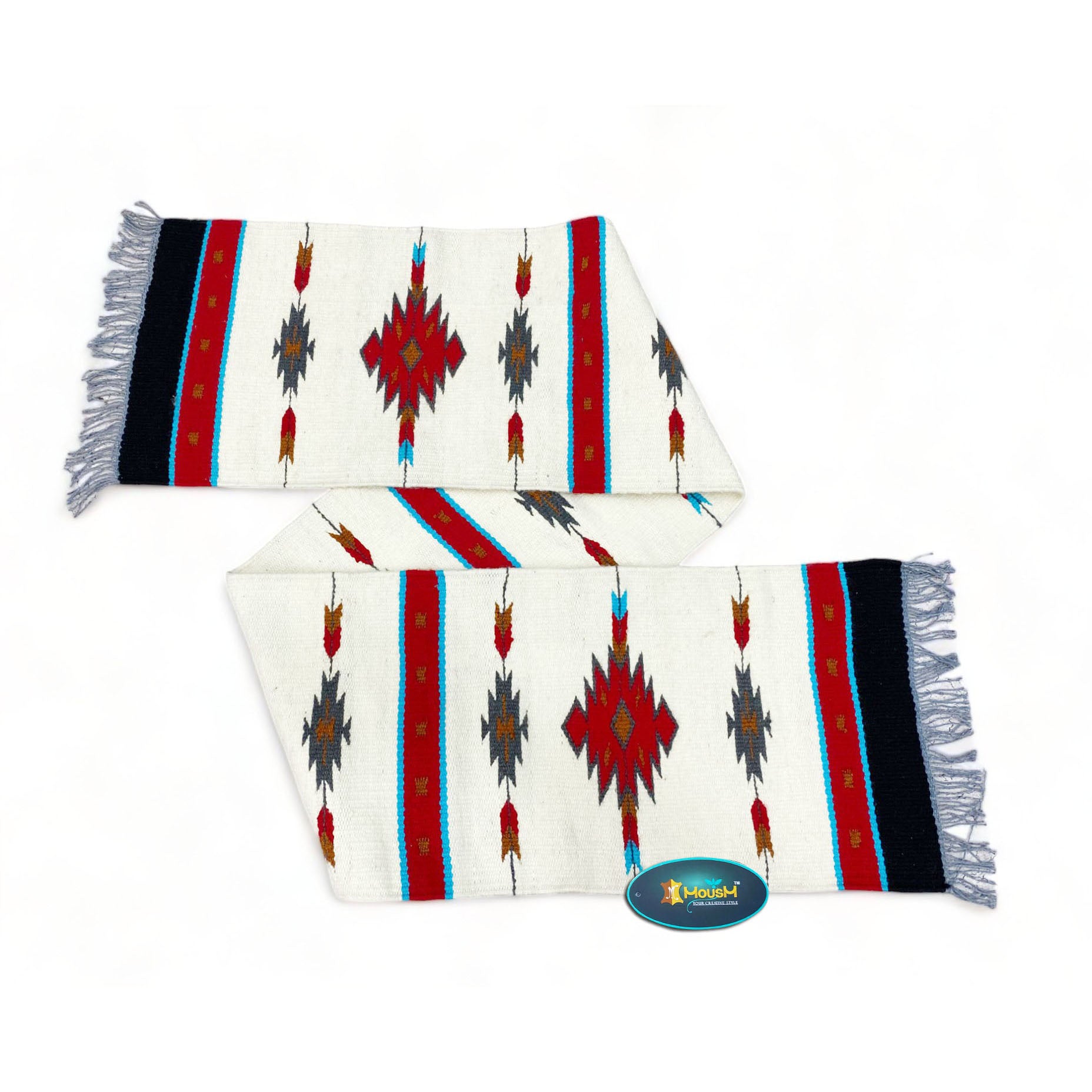 MOUSM Handwoven Cotton Table Runner with Traditional Geometric Square-Cut Design – Home Décor Accent for Coffee Tables & Dining Tables, Fringed Edges on Both Ends.