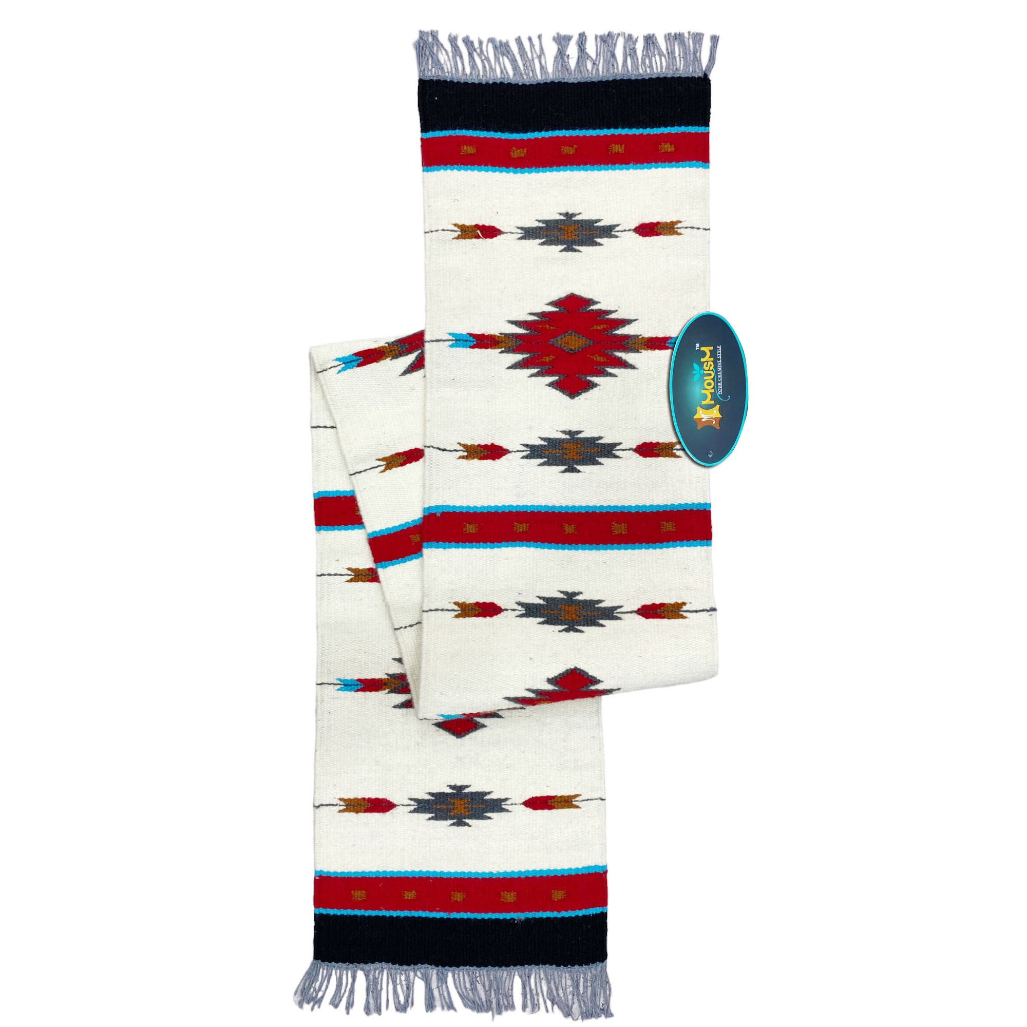 MOUSM Handwoven Cotton Table Runner with Traditional Geometric Square-Cut Design – Home Décor Accent for Coffee Tables & Dining Tables, Fringed Edges on Both Ends.