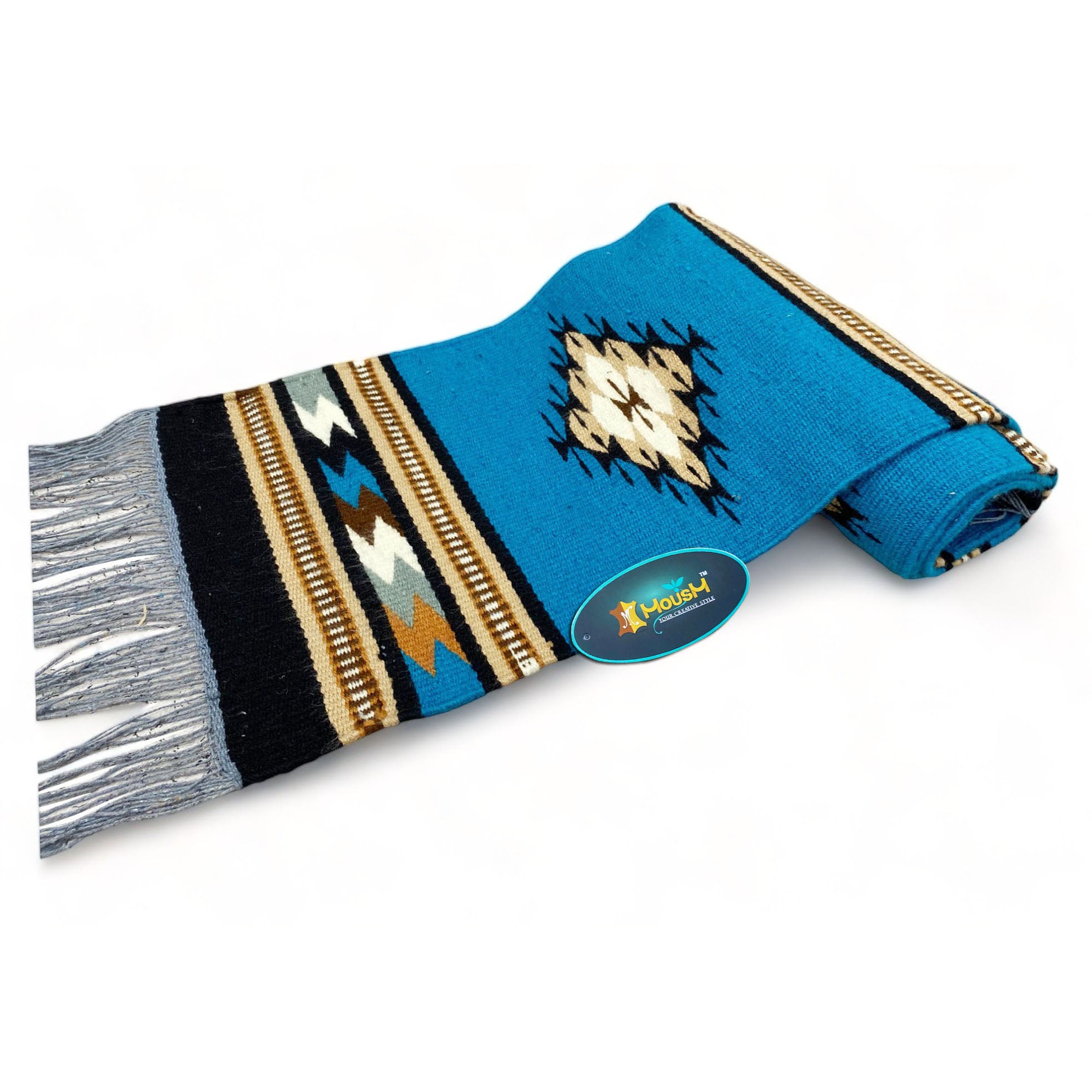 MOUSM Handwoven Cotton Table Runner – Southwestern Rustic Décor, Blue Geometric Boho Table Accent, Farmhouse Dining Textile with Fringed Edges.
