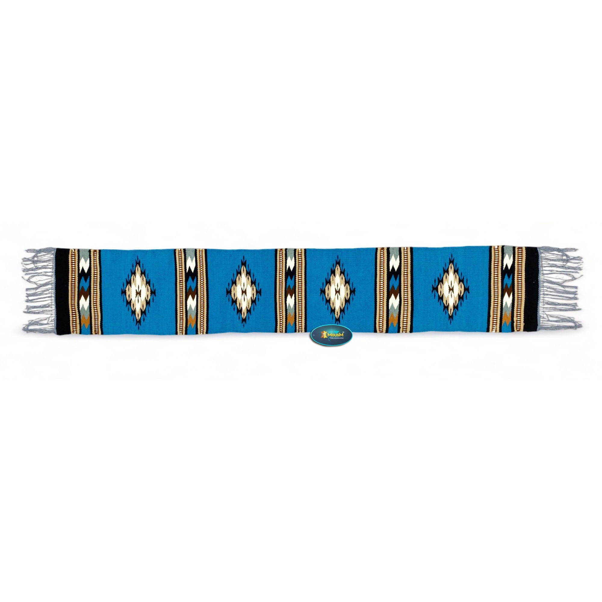 MOUSM Handwoven Cotton Table Runner – Southwestern Rustic Décor, Blue Geometric Boho Table Accent, Farmhouse Dining Textile with Fringed Edges.