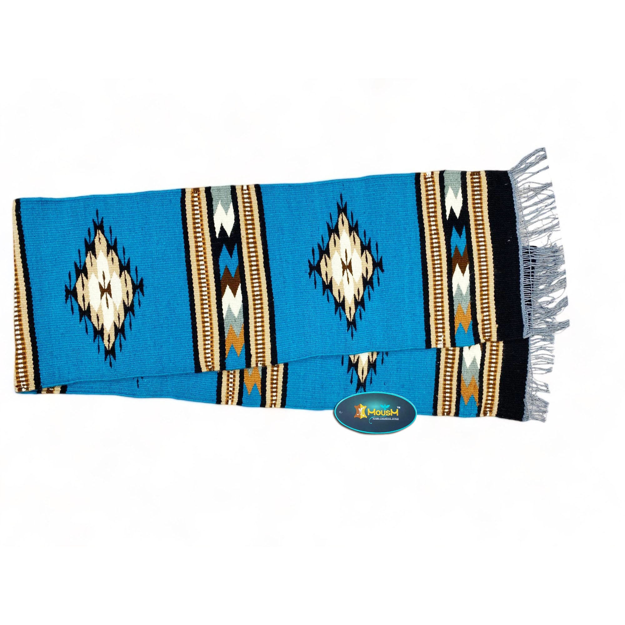 MOUSM Handwoven Cotton Table Runner – Southwestern Rustic Décor, Blue Geometric Boho Table Accent, Farmhouse Dining Textile with Fringed Edges.