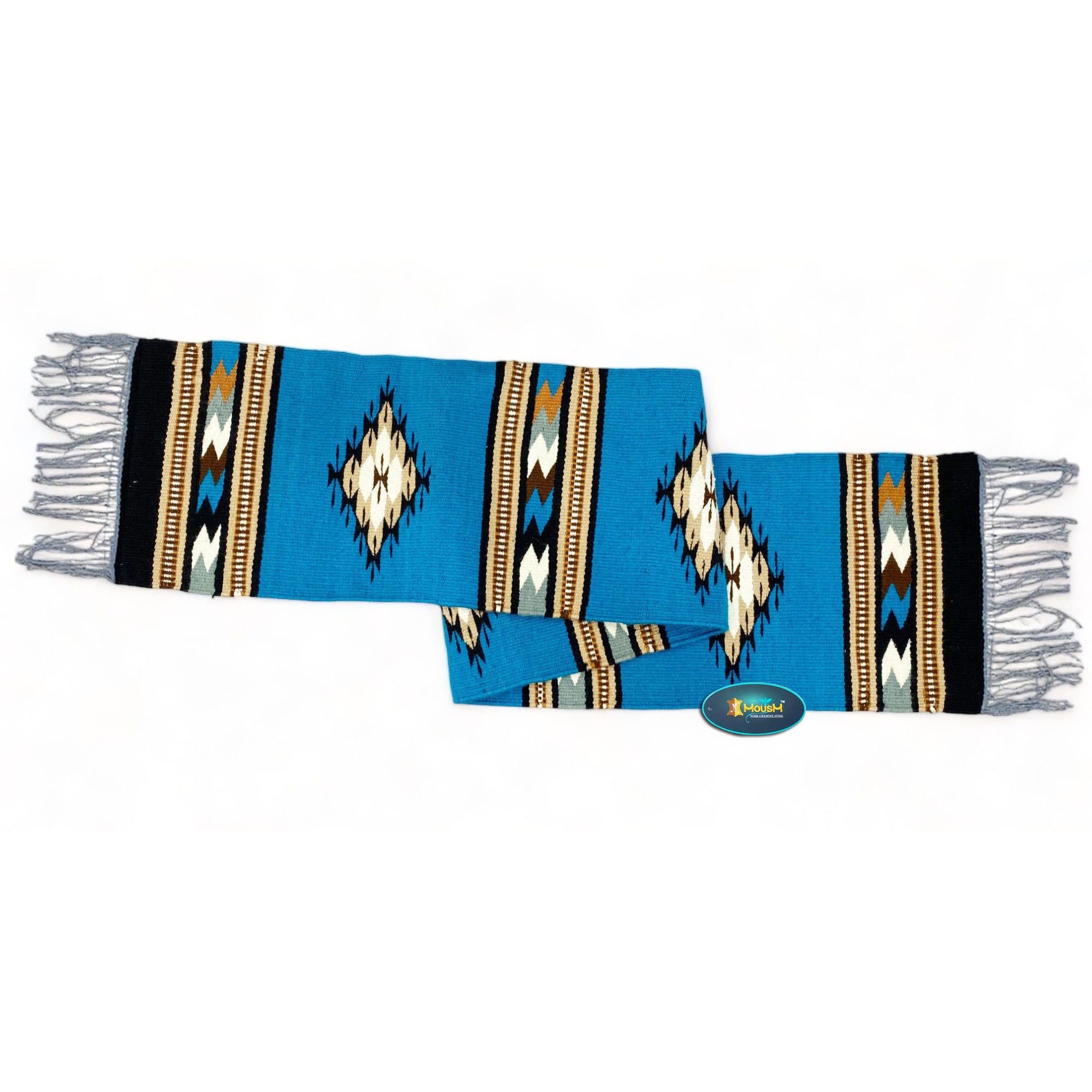 MOUSM Handwoven Cotton Table Runner – Southwestern Rustic Décor, Blue Geometric Boho Table Accent, Farmhouse Dining Textile with Fringed Edges.