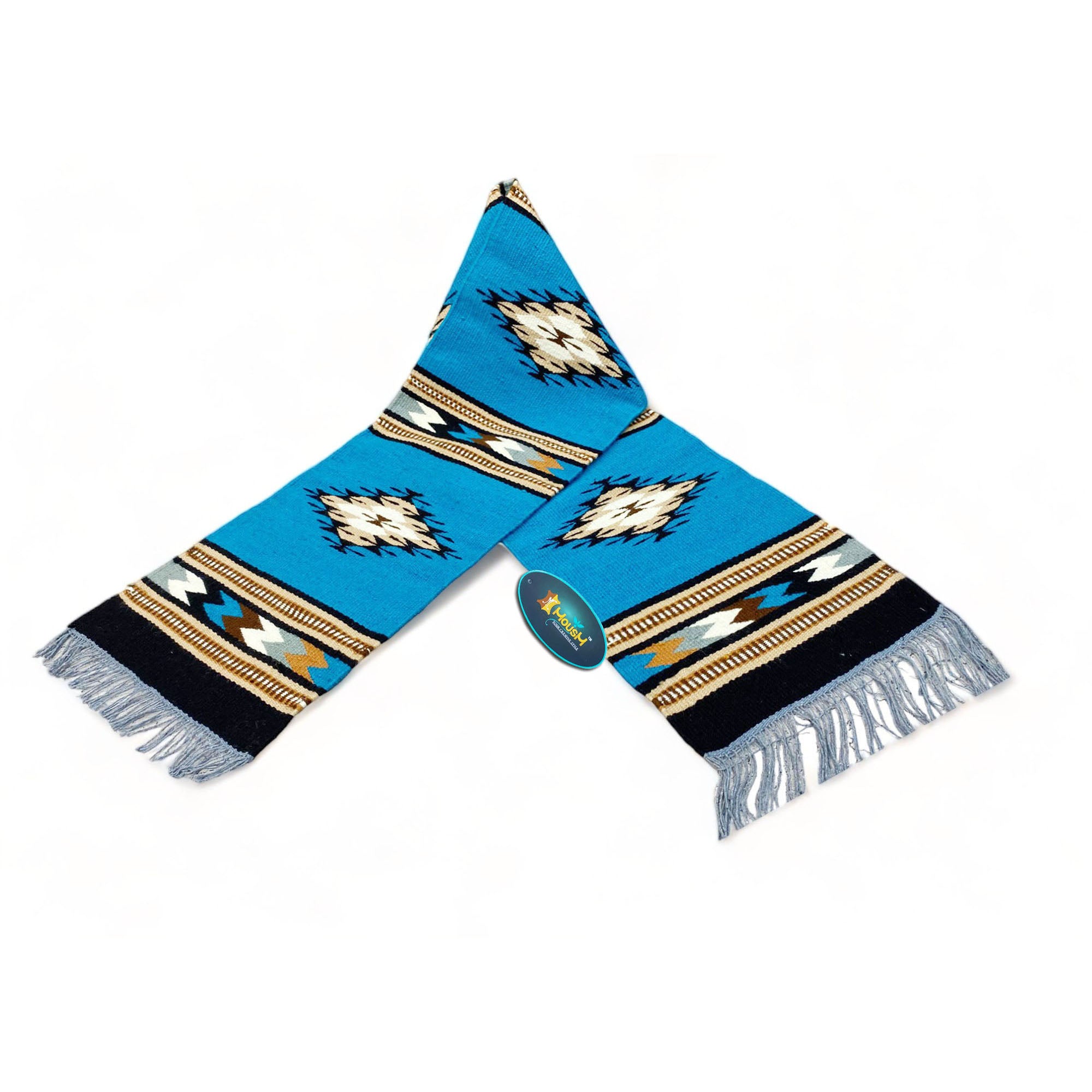 MOUSM Handwoven Cotton Table Runner – Southwestern Rustic Décor, Blue Geometric Boho Table Accent, Farmhouse Dining Textile with Fringed Edges.