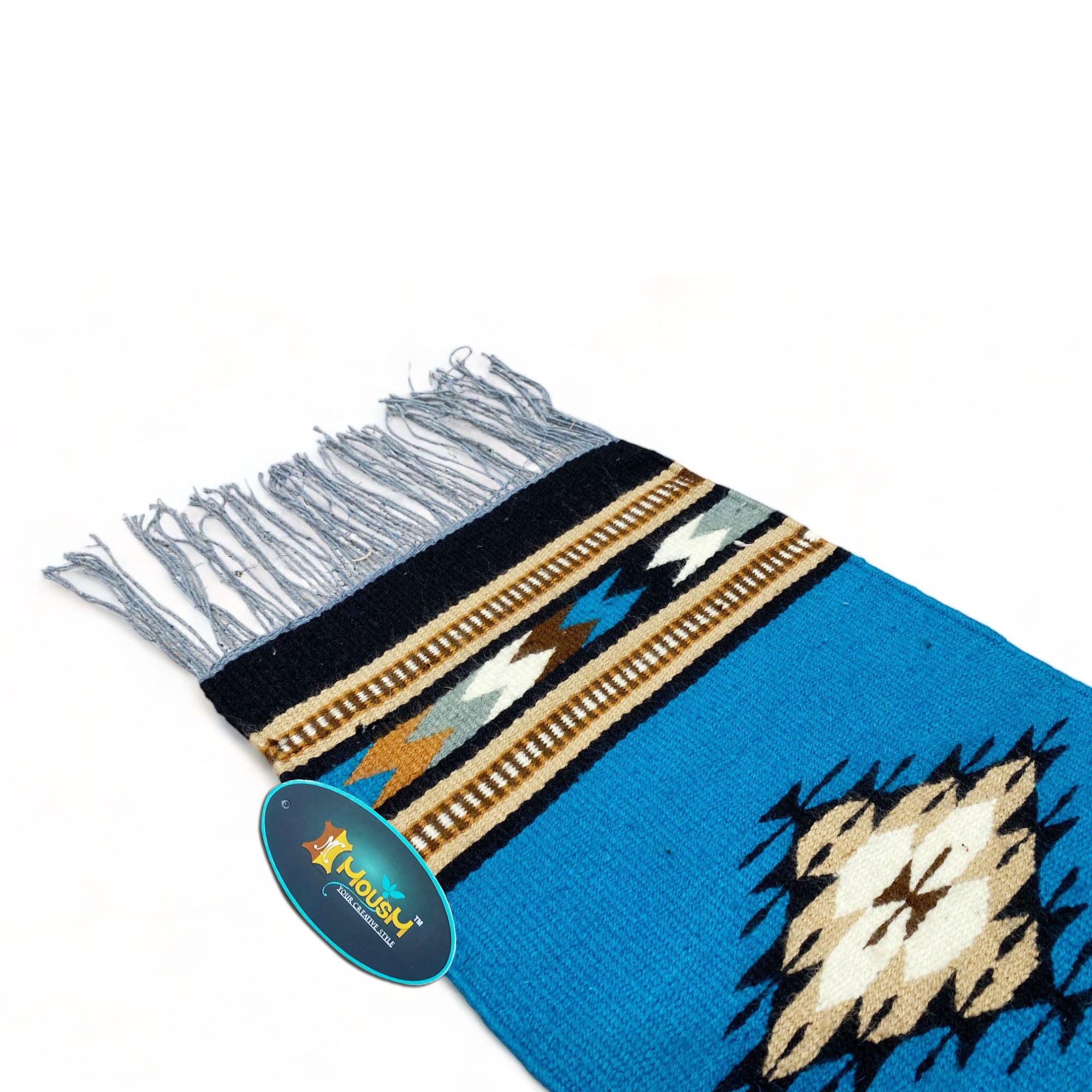 MOUSM Handwoven Cotton Table Runner – Southwestern Rustic Décor, Blue Geometric Boho Table Accent, Farmhouse Dining Textile with Fringed Edges.